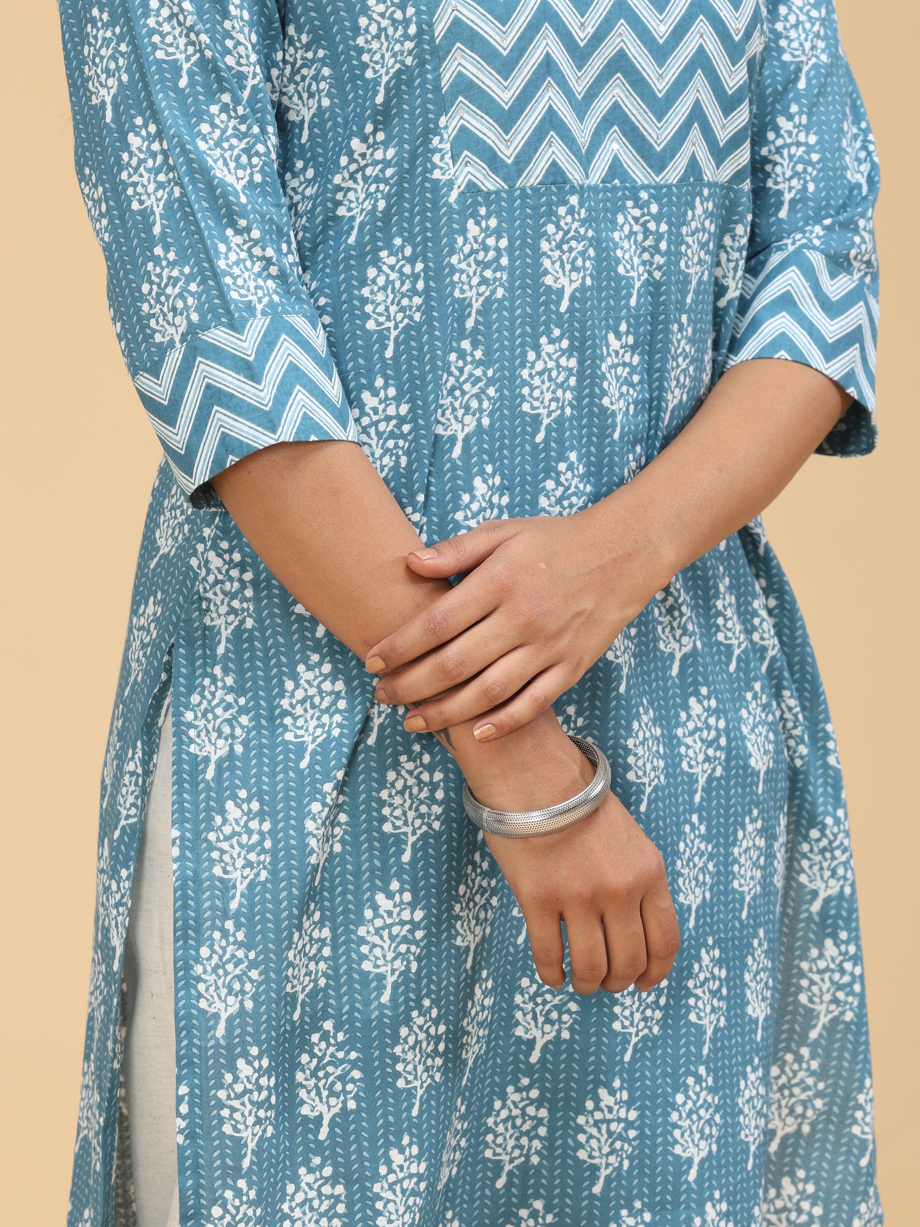 Indigo Blue Pure Cotton Printed Kurti With Sequins Work