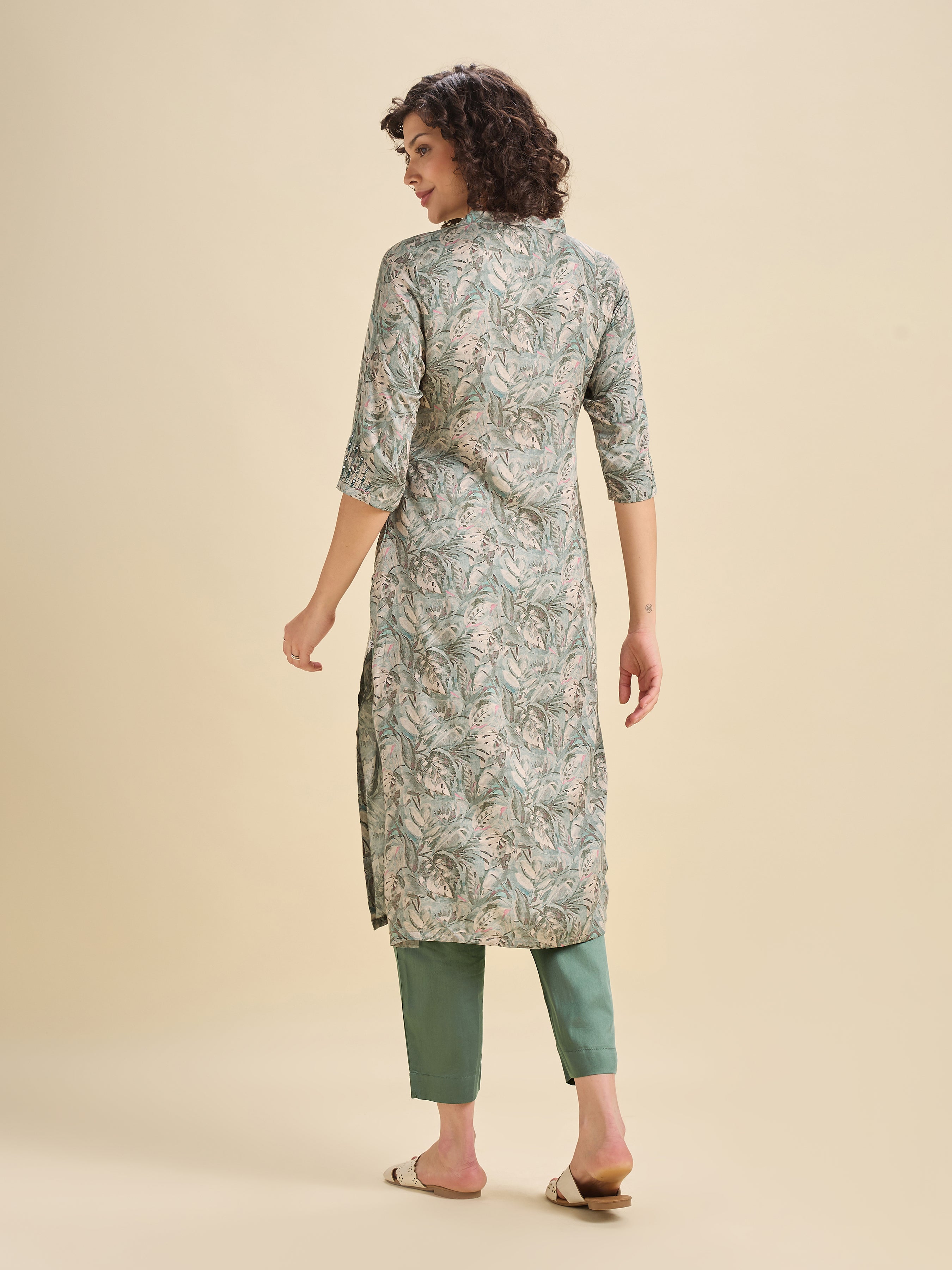 Sage Green Modal Satin Slited Kurti Set With Embroidery & Sequins Work