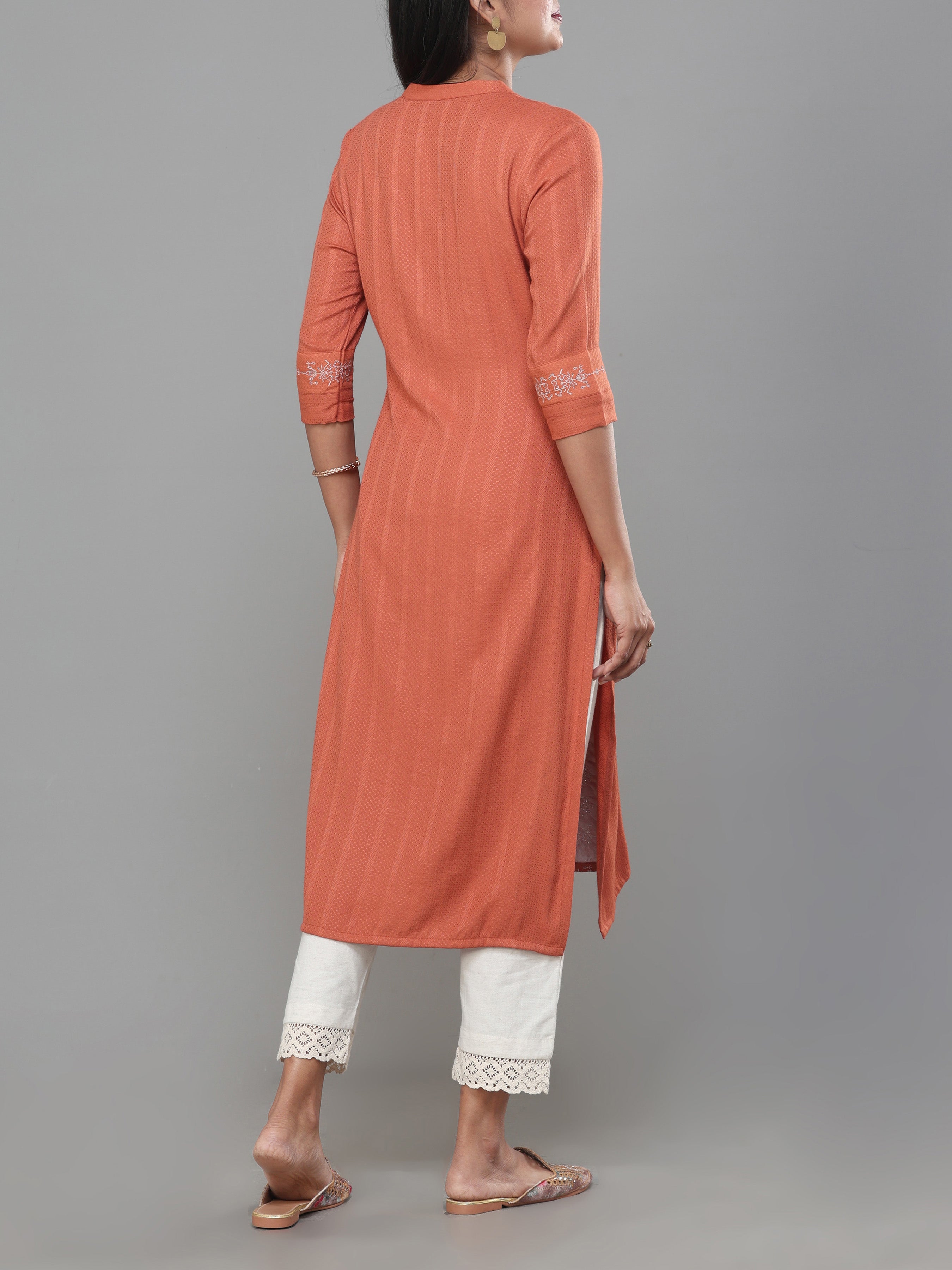 Rust Orange Viscos Jaquard Kurti With Embroidery