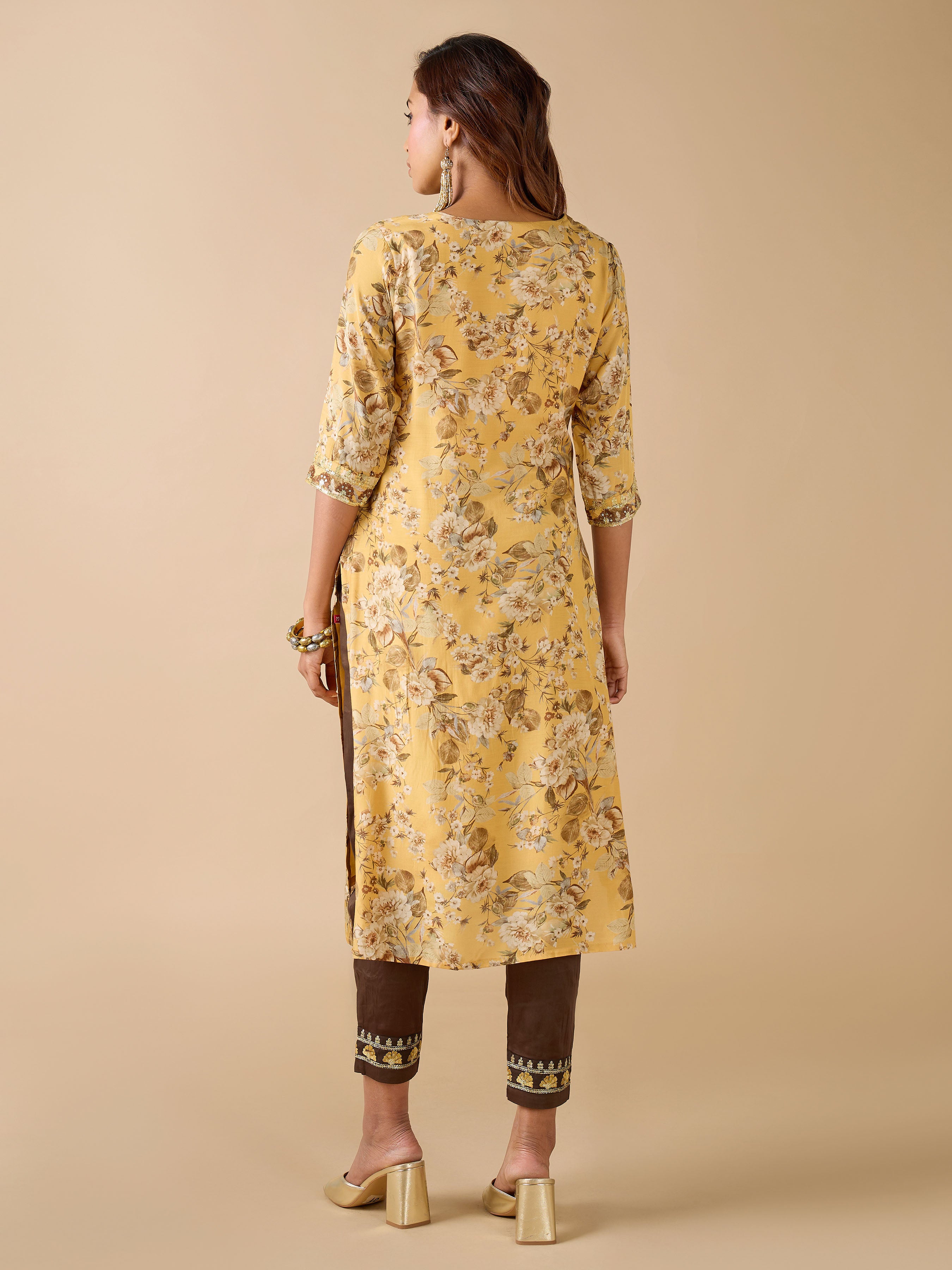 Mustard Yellow Muslin Silk Printed Kurti With Embroidery And Matching Bottom