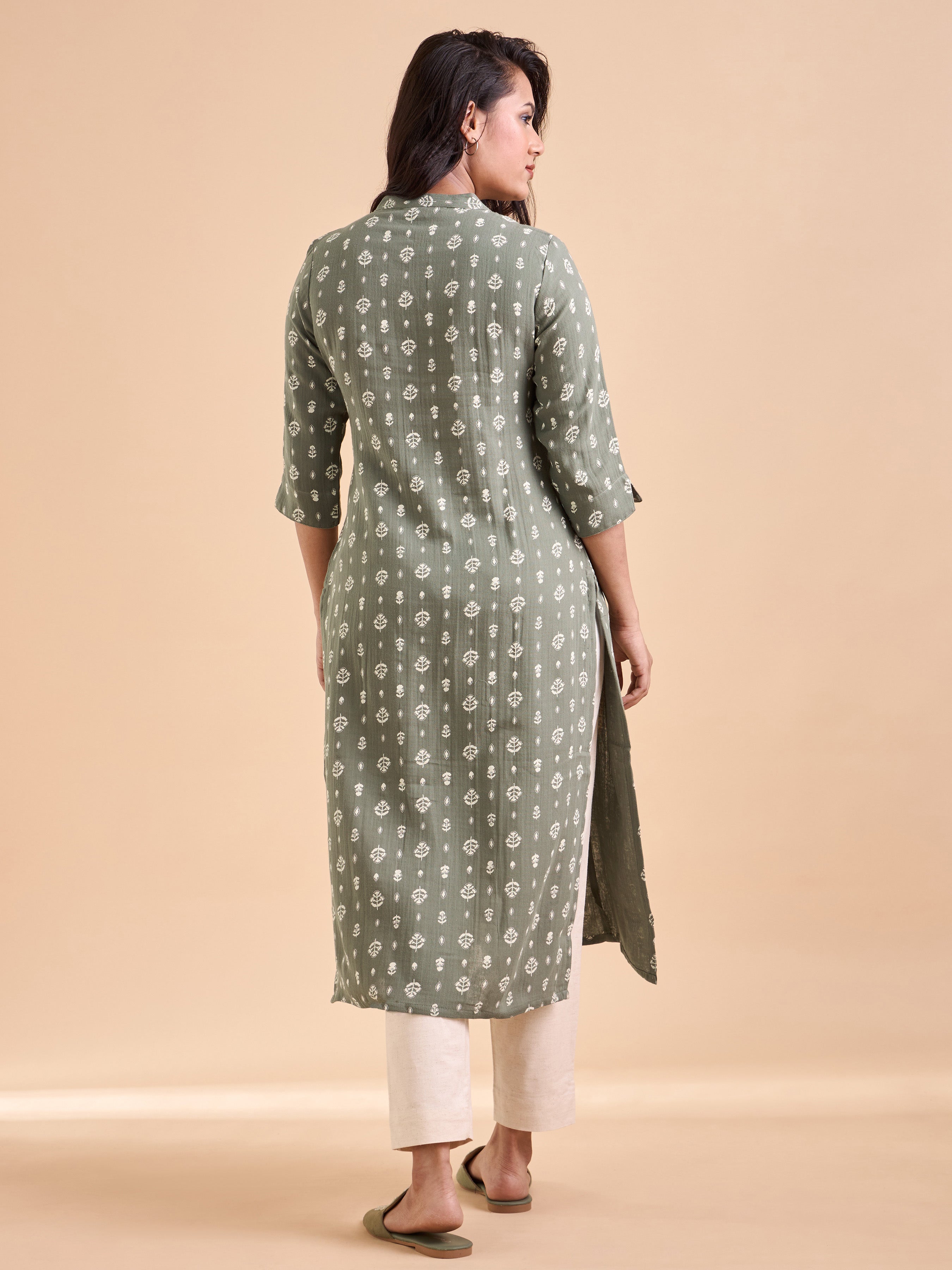 Olive Green Pure Cotton Double Cloth Printed Kurti With Smocking