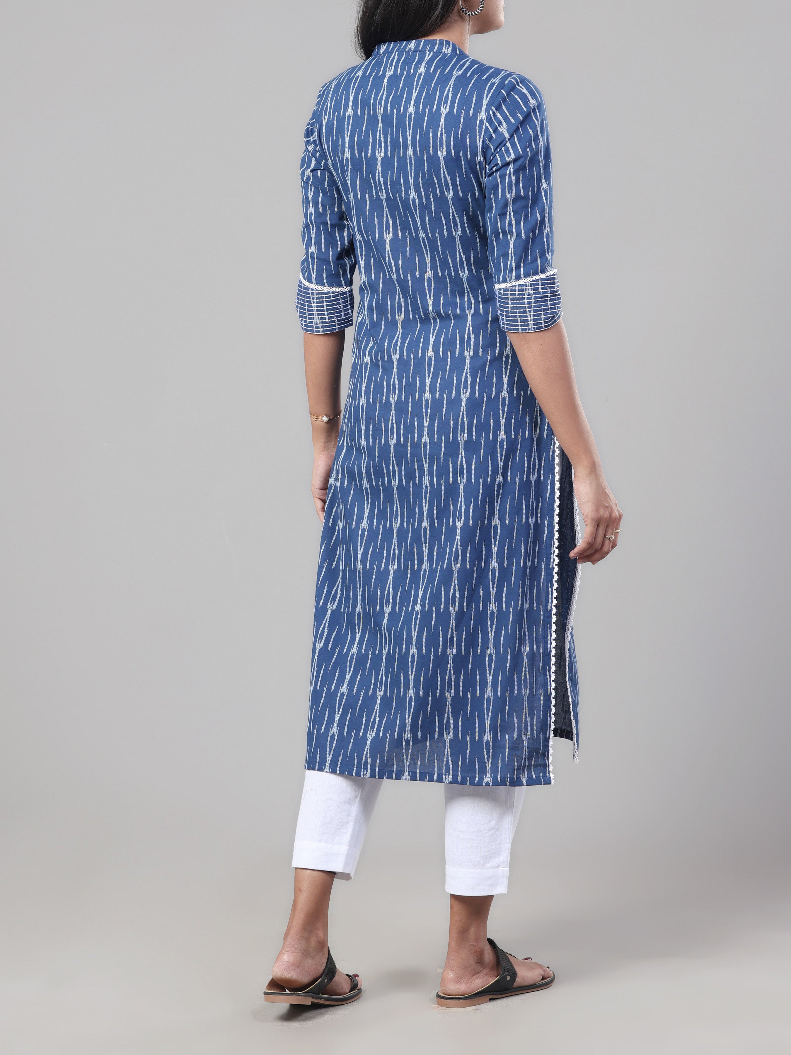 Navy Blue Cotton Dobby Kurti With Lace Detailing