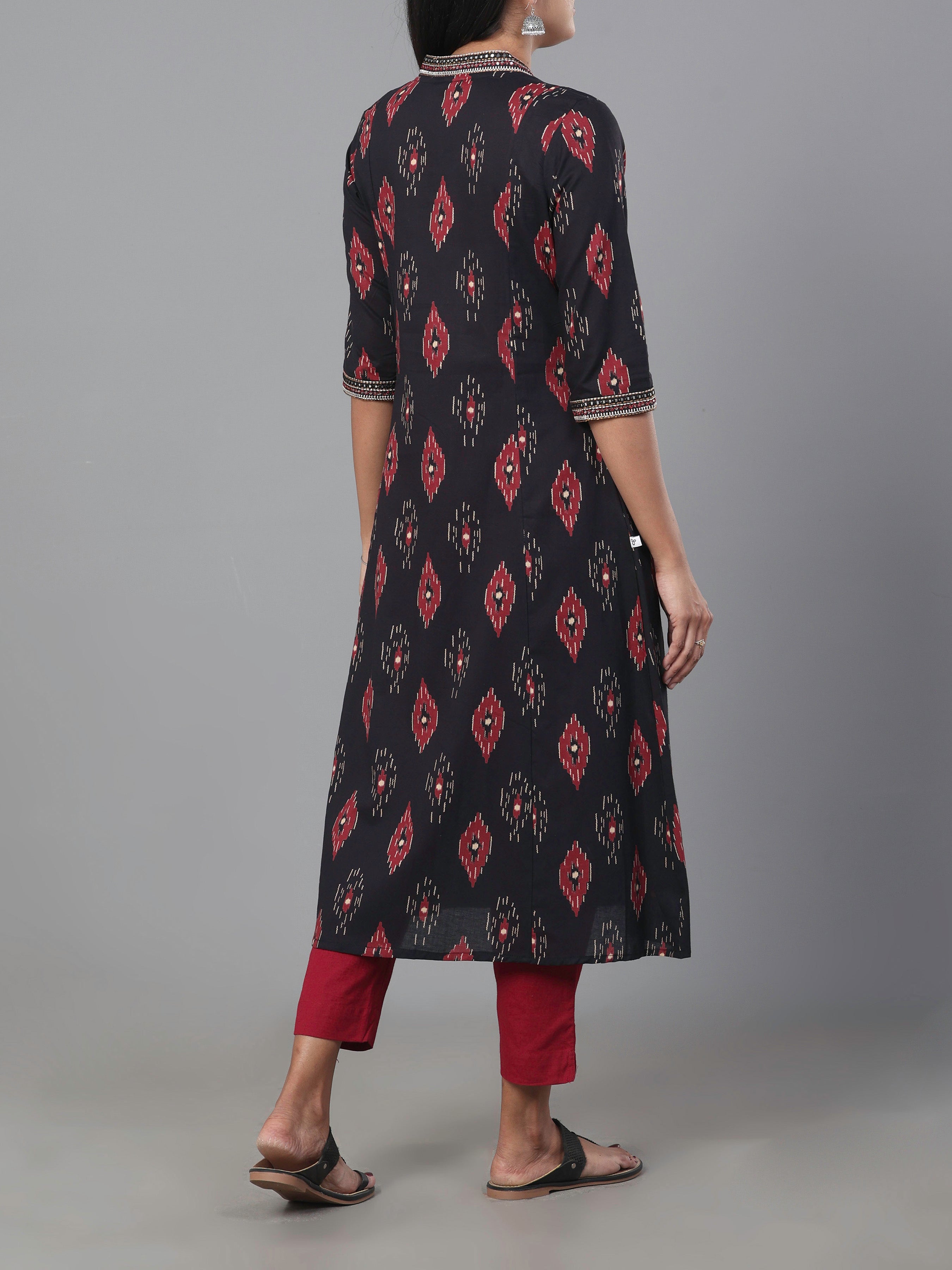 Black Pure Cotton Printed Kurti With Embroidery