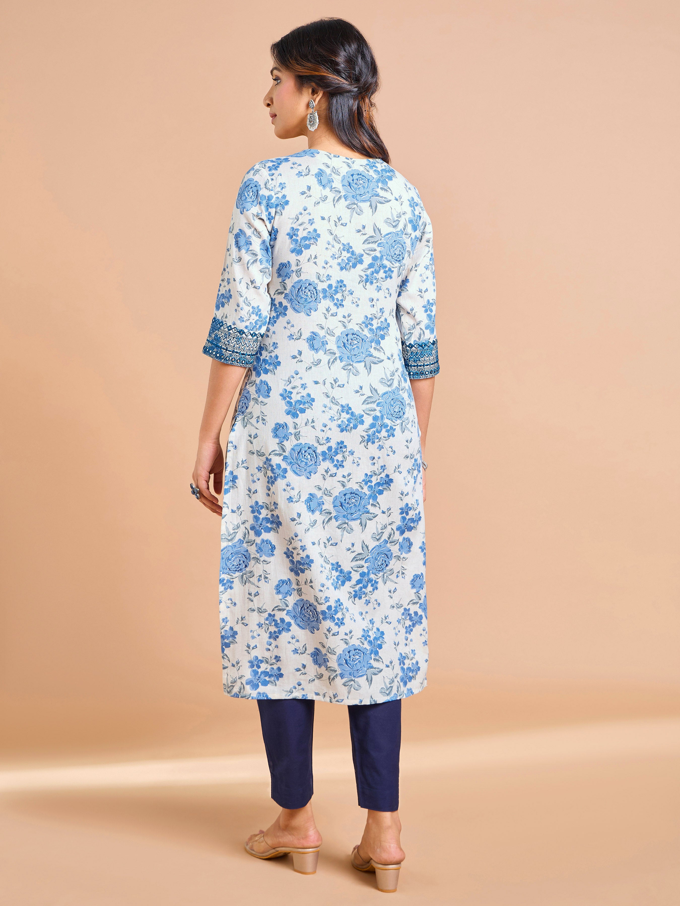 Ivory and Blue Cotton Flax Printed Kurti With Embroidery