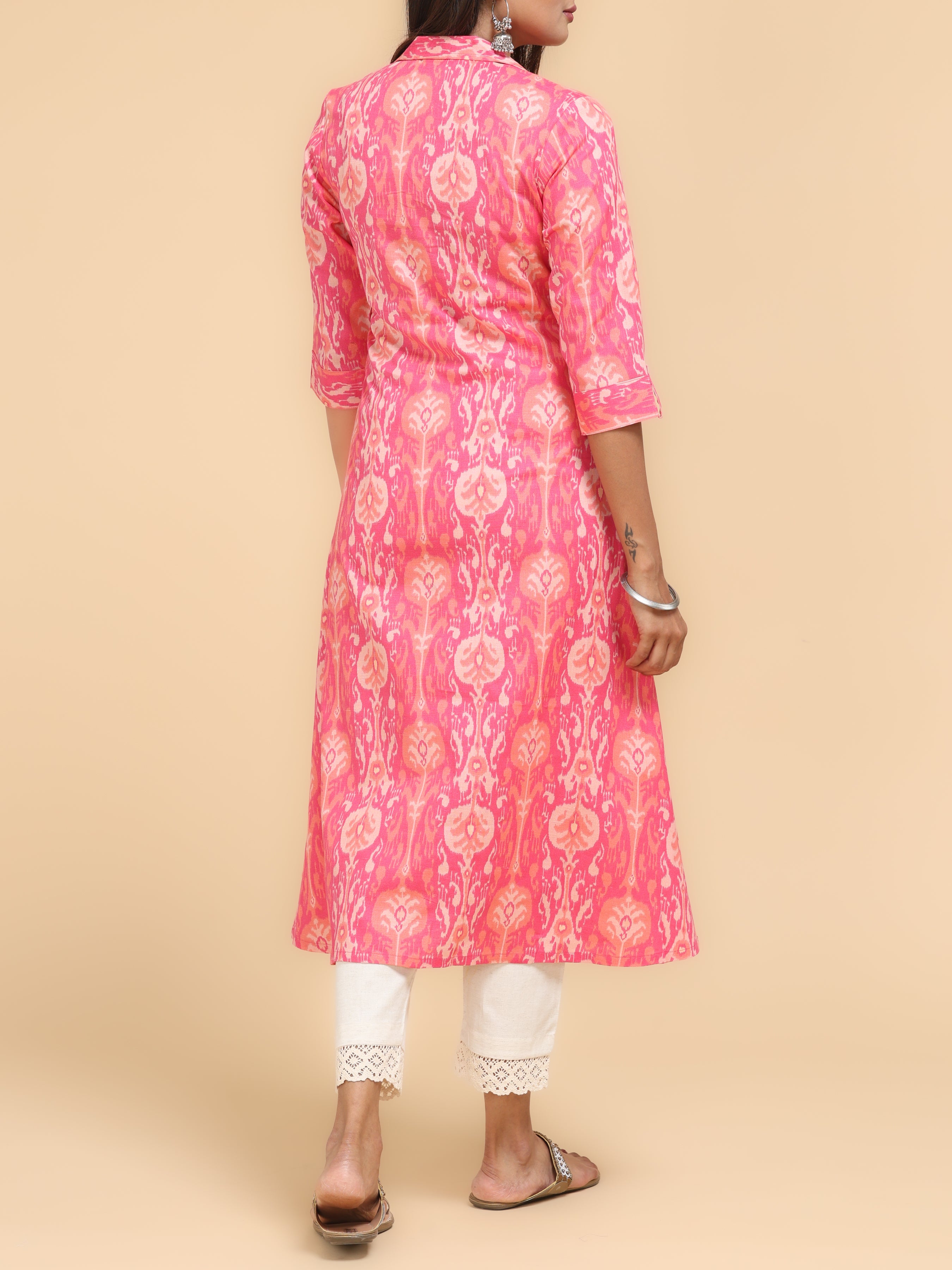 Pink Cotton Flax Printed Kurti