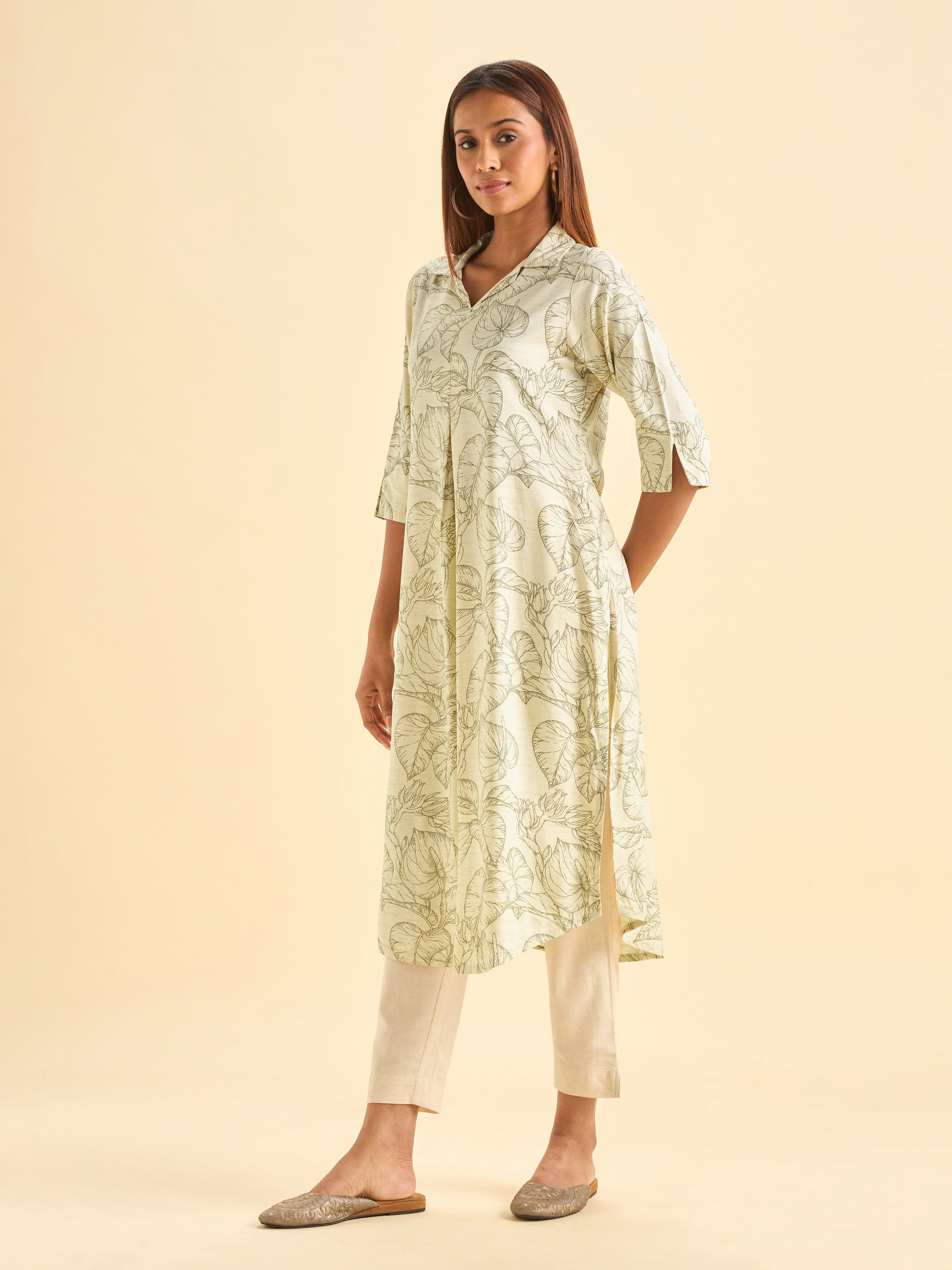 Ivory And Coffee Brown Tencel Printed Slited Kurti With Princess Cut And Libertycut
