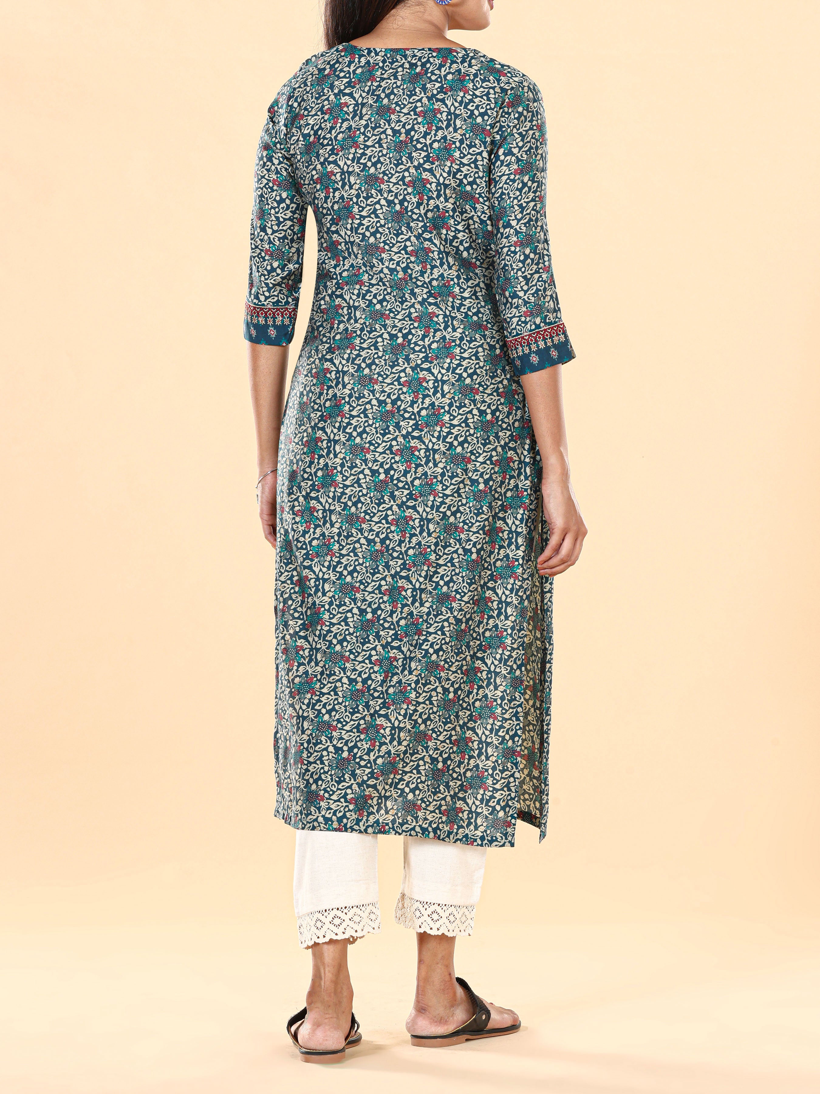 Teal Blue Modal Chanderi Printed Kurti With Embroidery