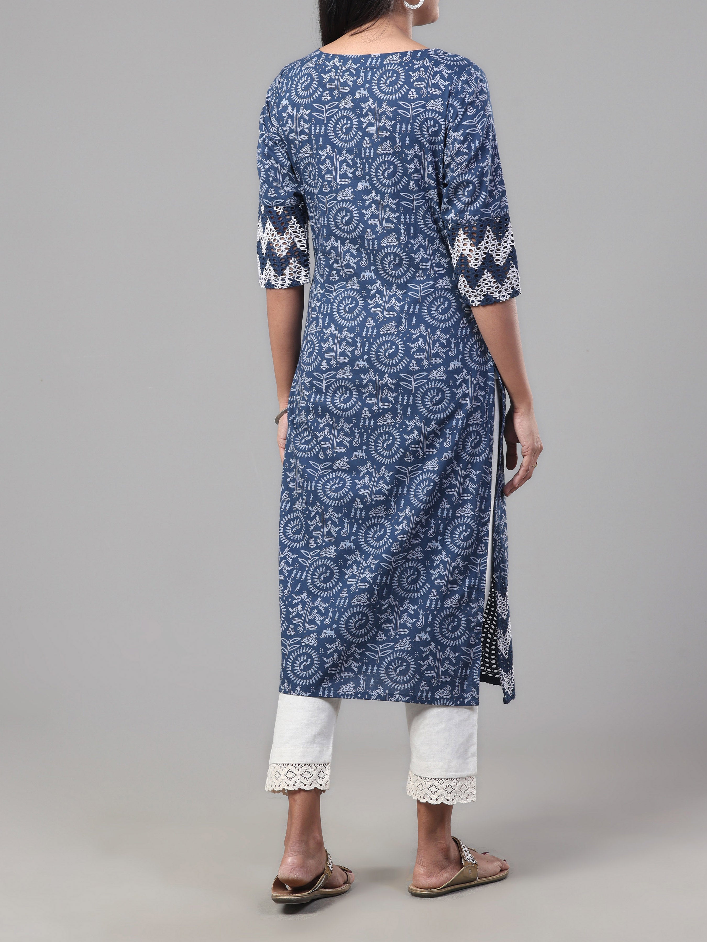 Navy Blue Pure Cotton Printed Kurti With Mirror Work