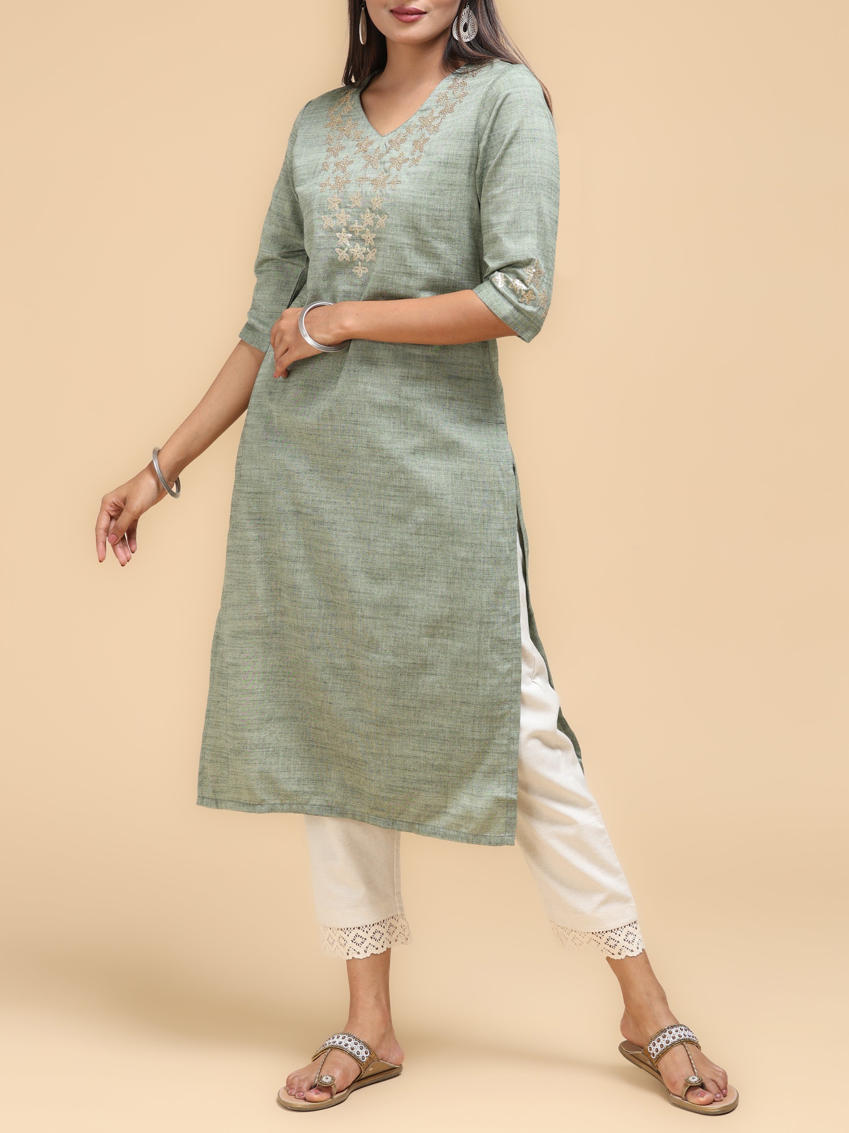 Pastel Green Wrinkled Viscose Kurti With Embroidery