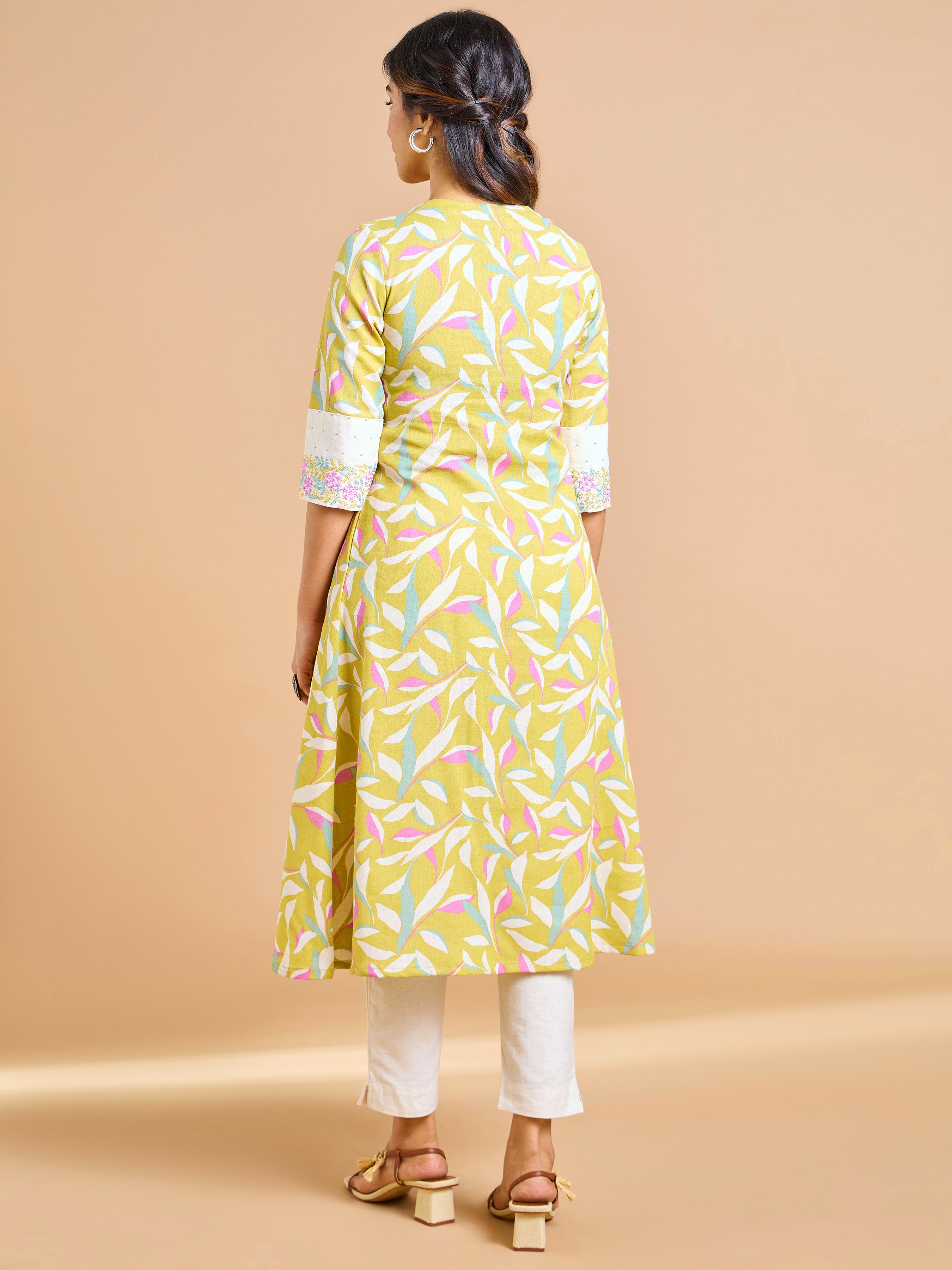 Mustard Green Cotton Flax Printed Kurti With Embroidery