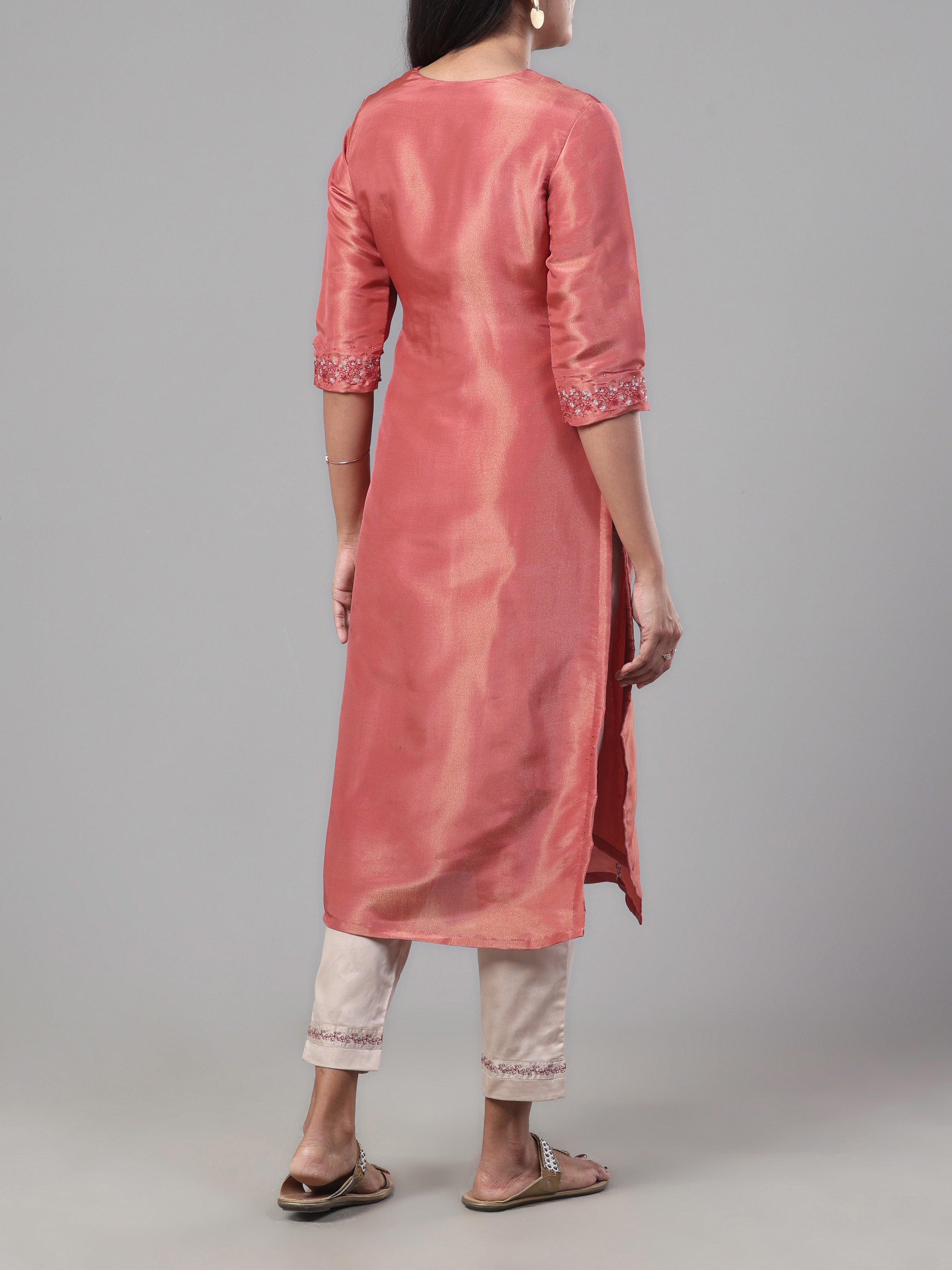 Rust Orange Viscose Shimmer Kurti With Sequins Work And Matching Bottom