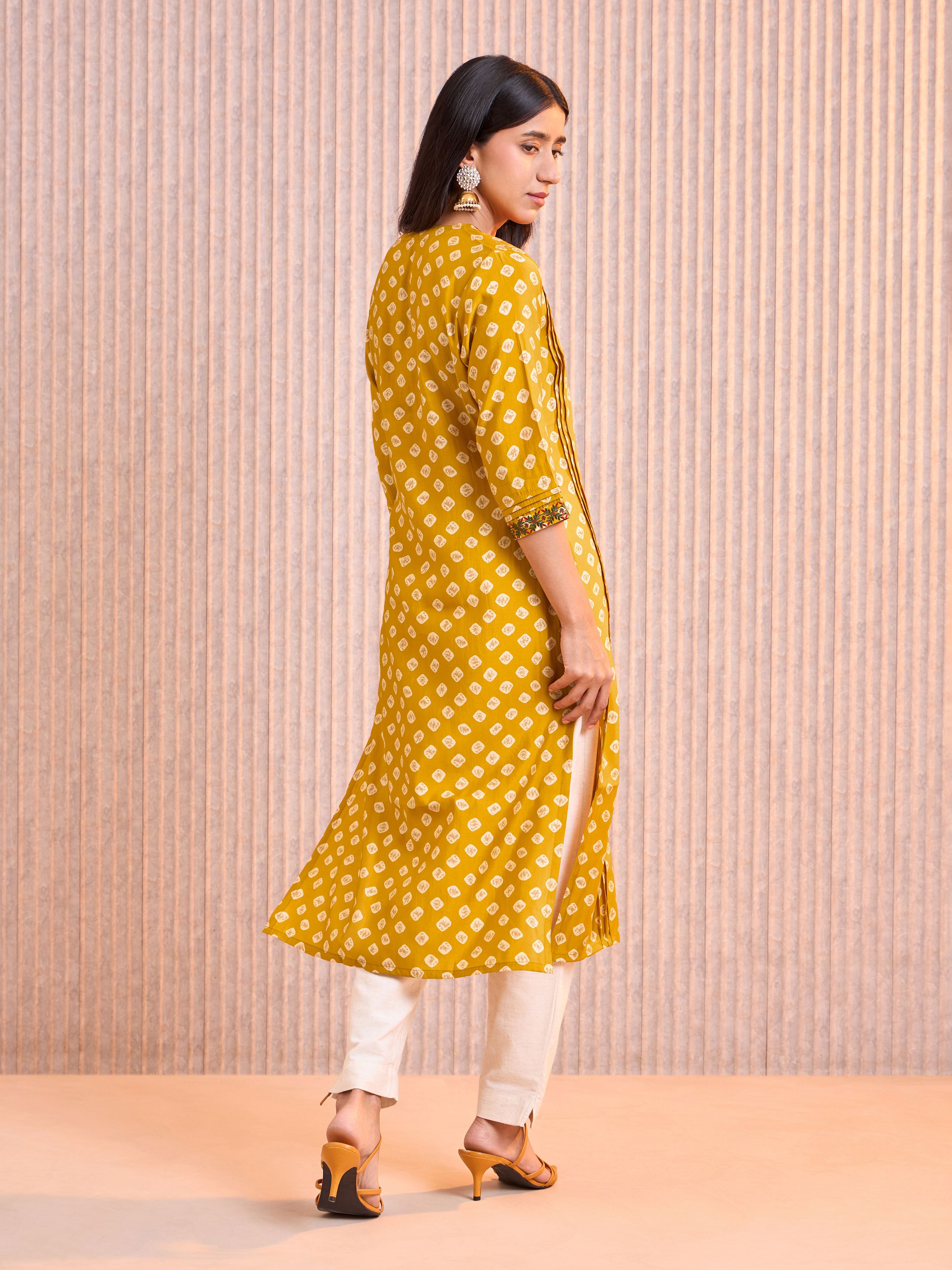 Mustard Modal Chanderi Printed Kurti With Pleats And Embroidery Work