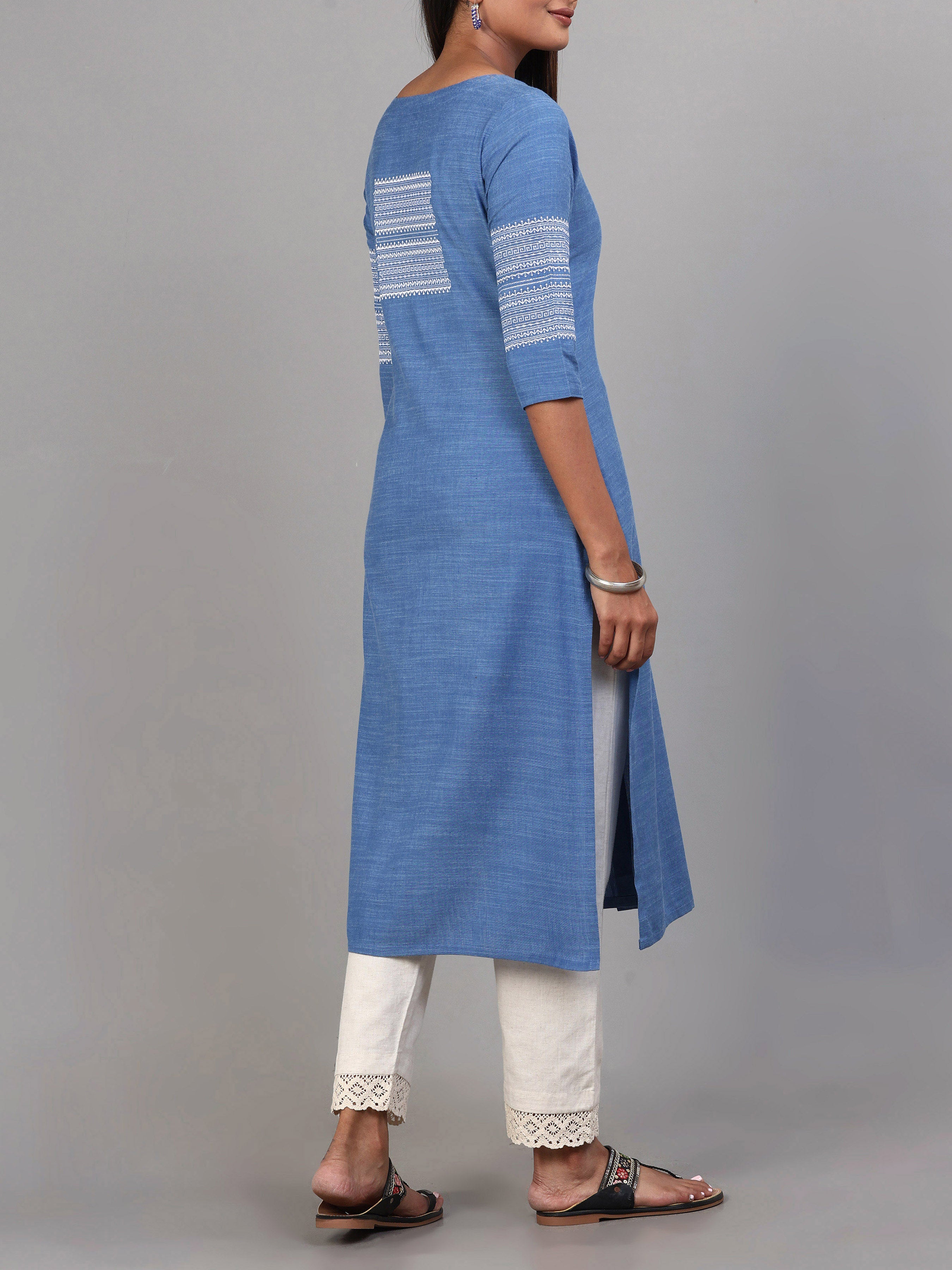 Light Blue Viscose Cotton Kurti With Embroidery