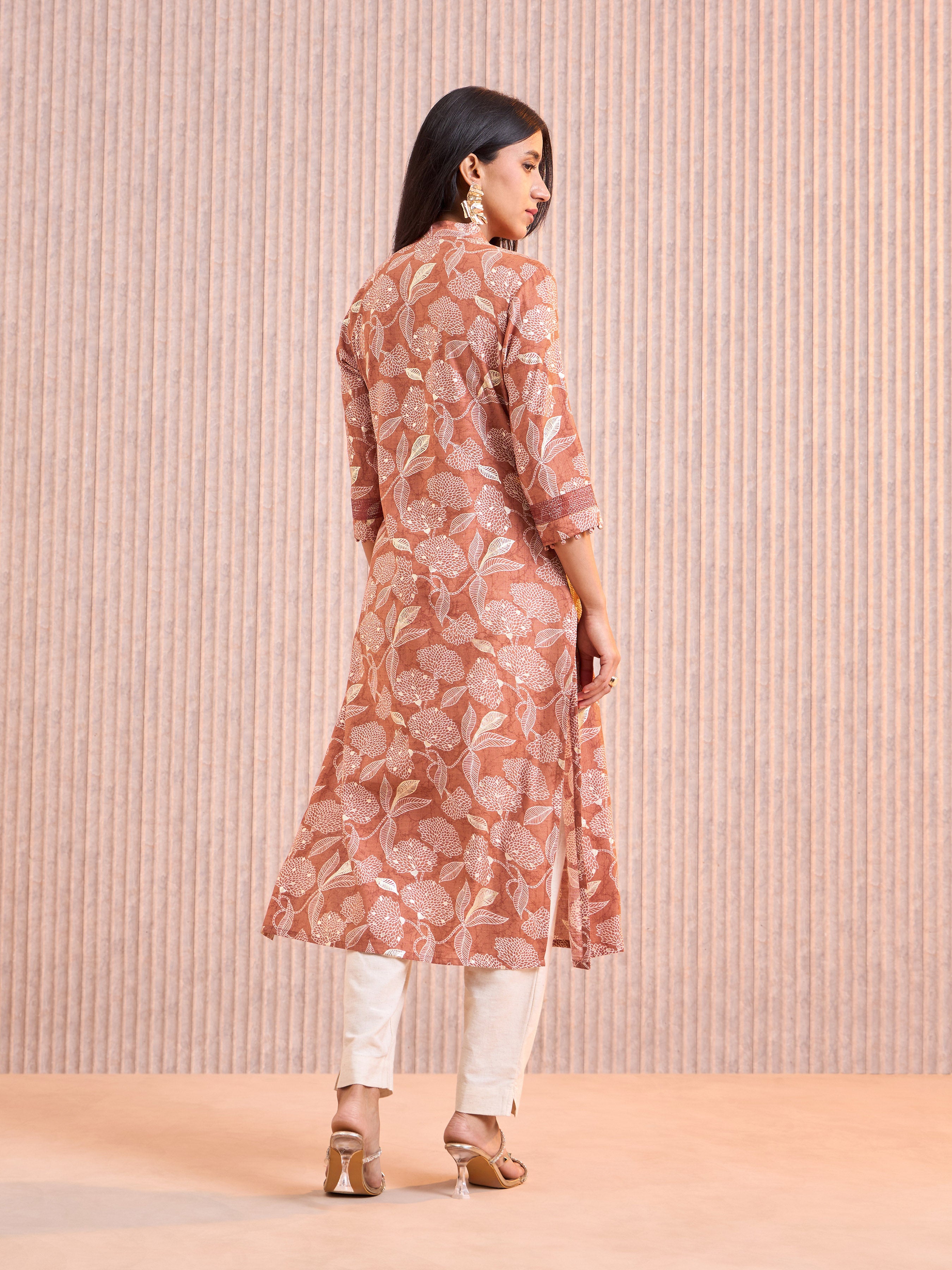 Rust Orange Viscose Blend Slited Princess Cut Kurti With Embroidery Work