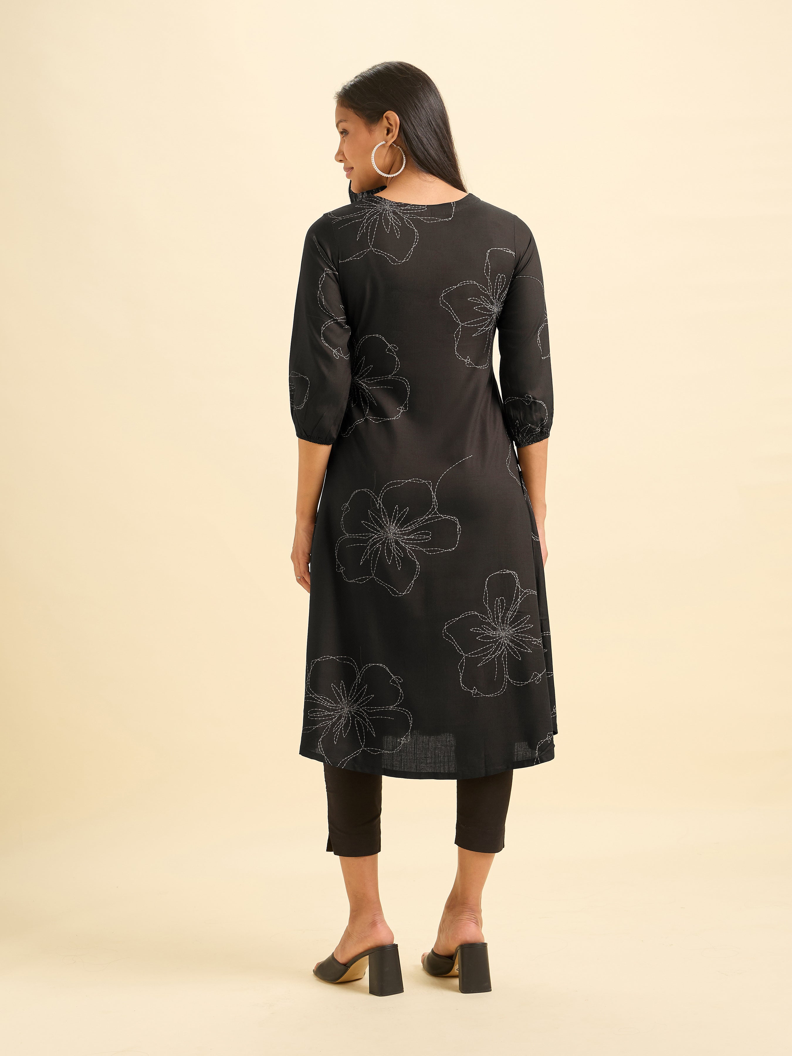 Black And White Tencel Printed Flared Kurti With Box Plaet