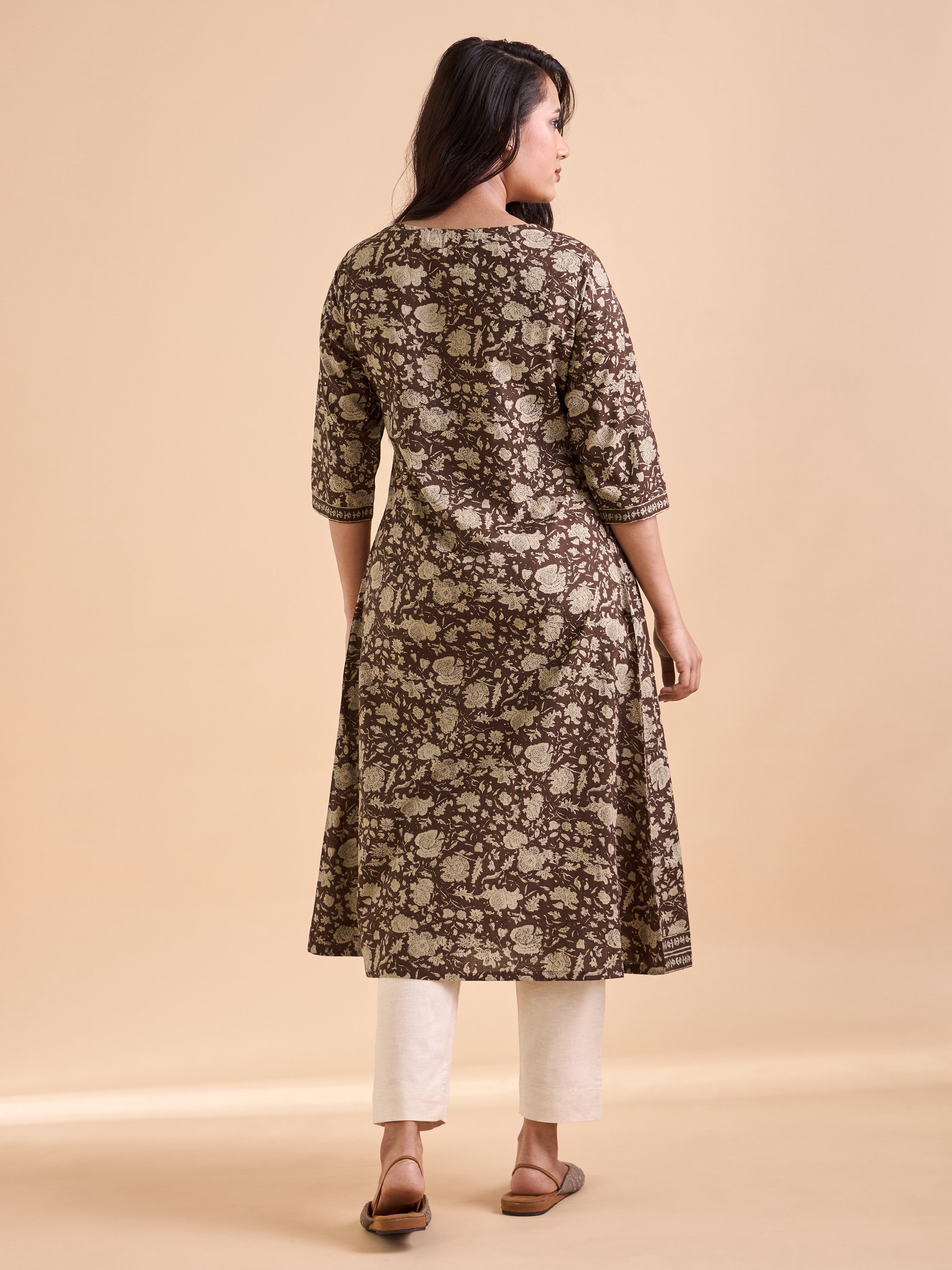 Coffee Brown And Ivory Pure Cotton Printed Kurti With Embroidery