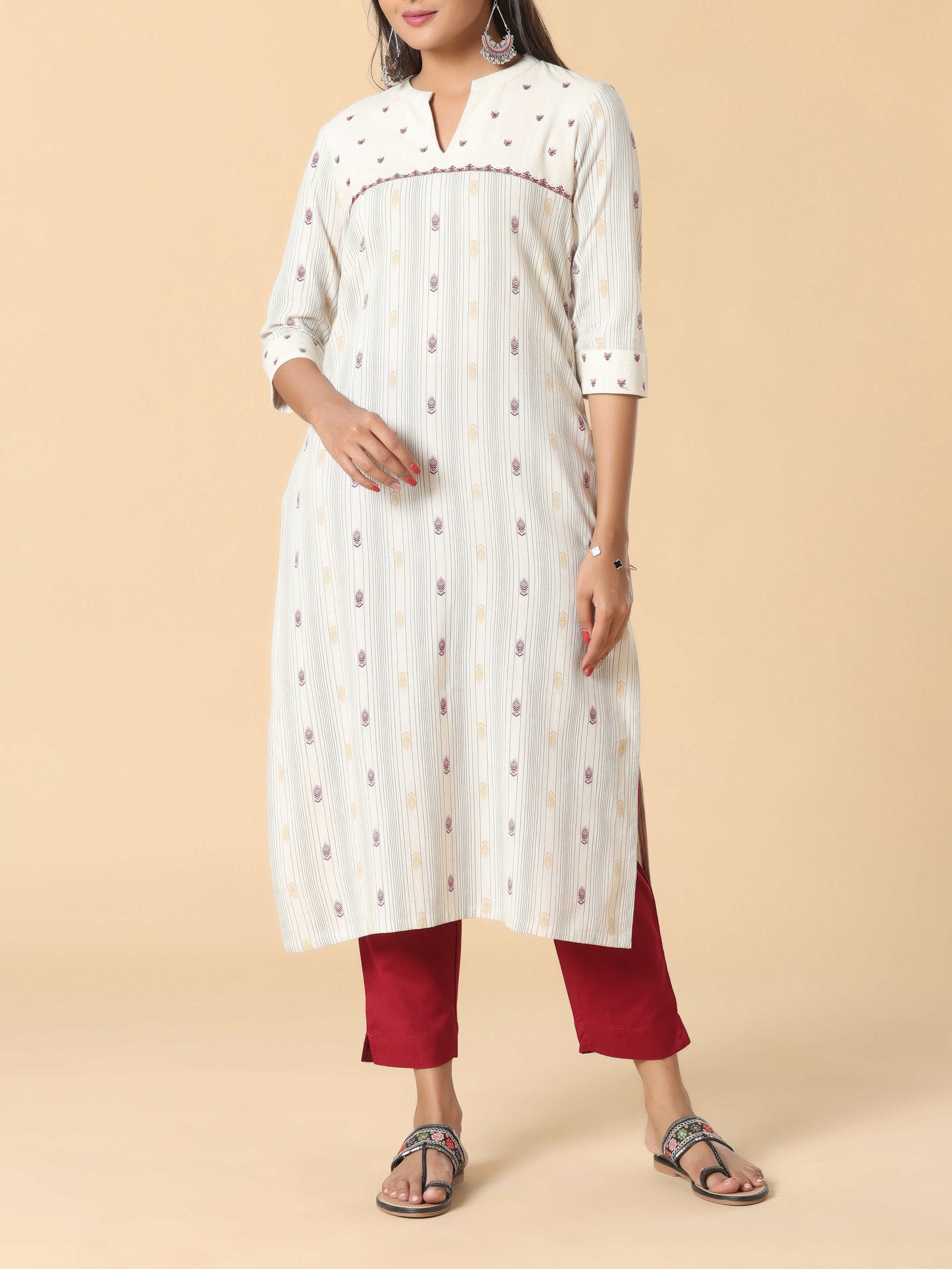 Multi Color Cotton Flax Printed Kurti With Embroidery