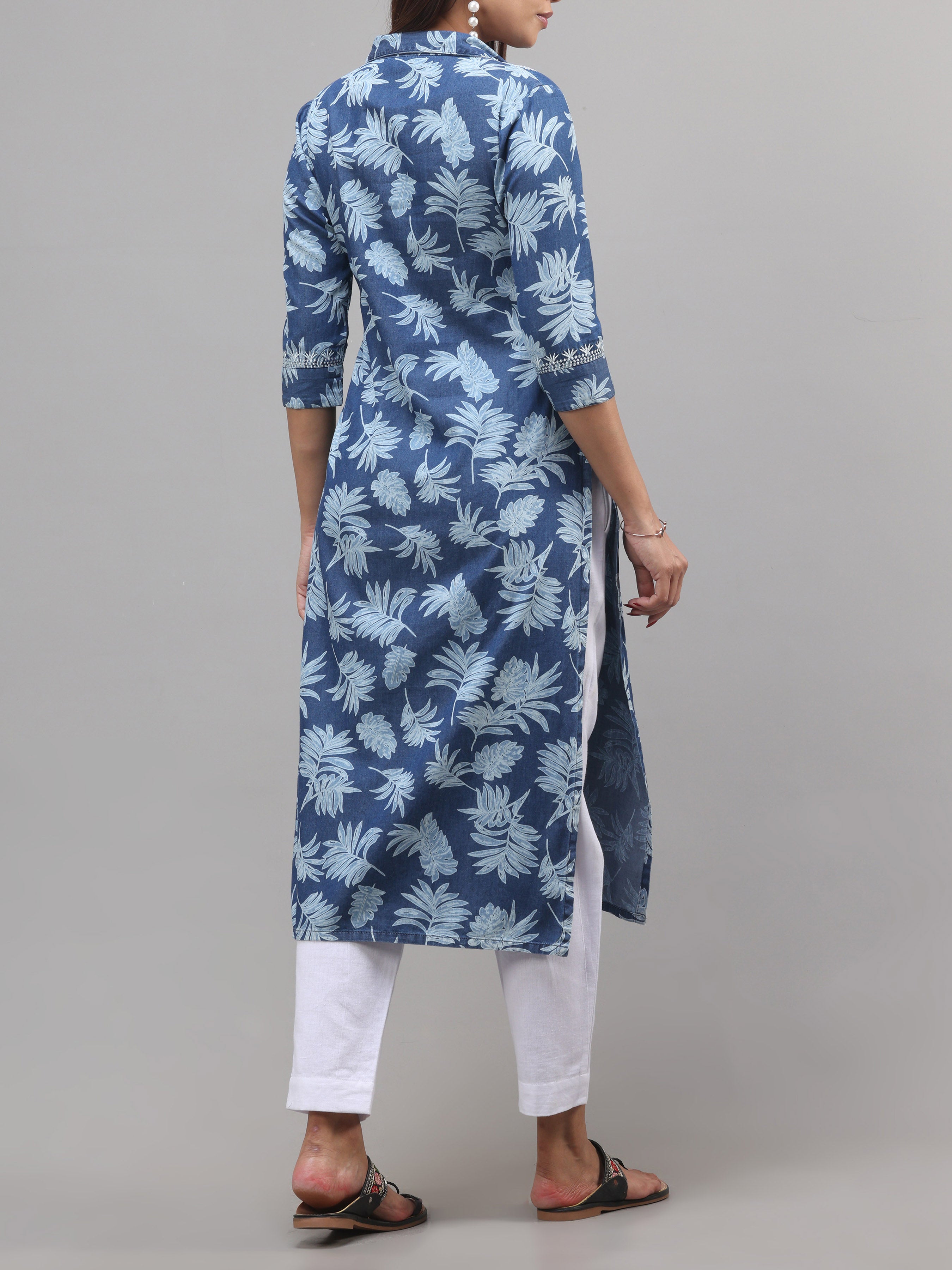 Denim Printed Kurti With Embroidery