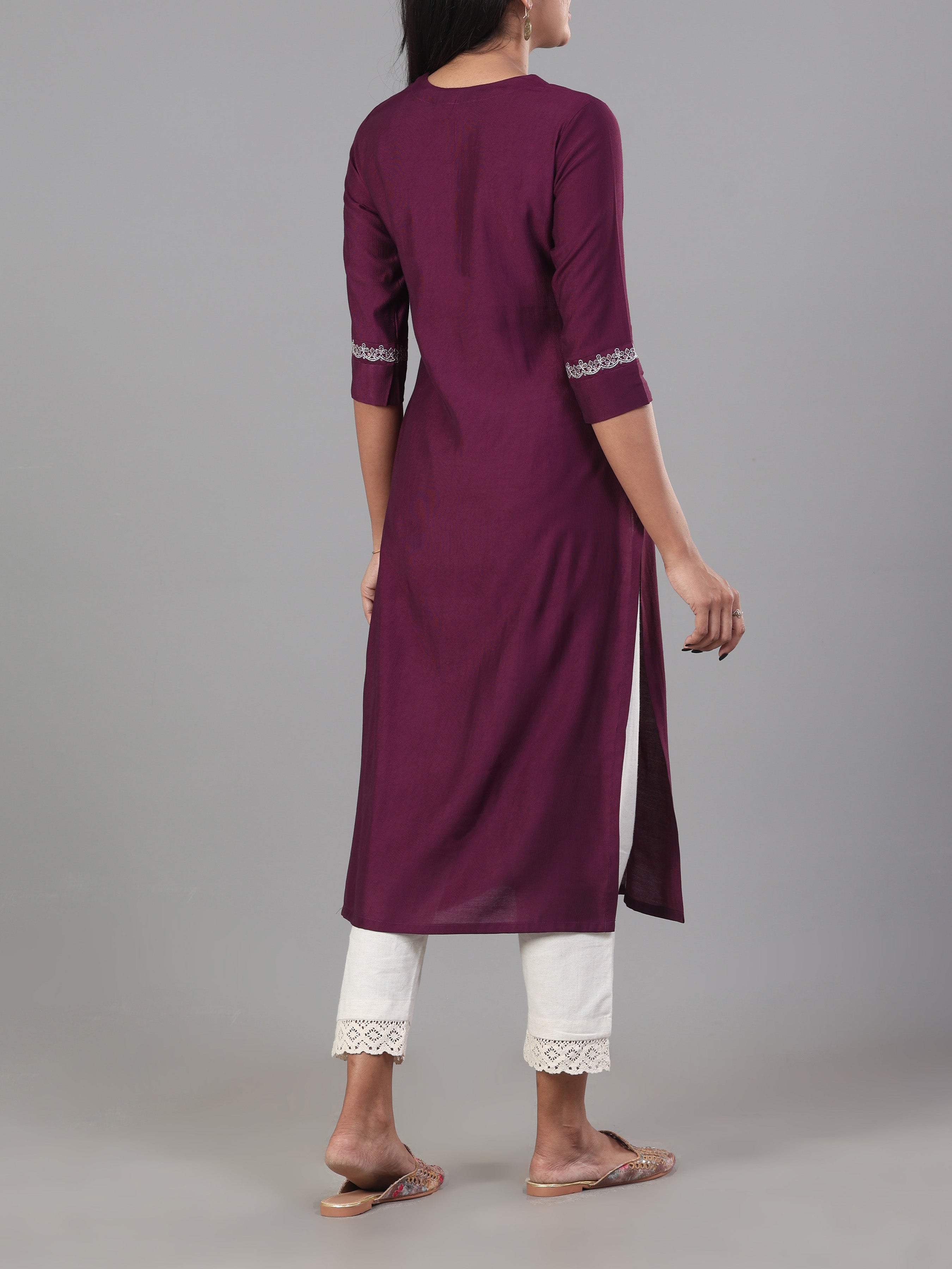 Purple Denting Viscose Kurti With Embroidery