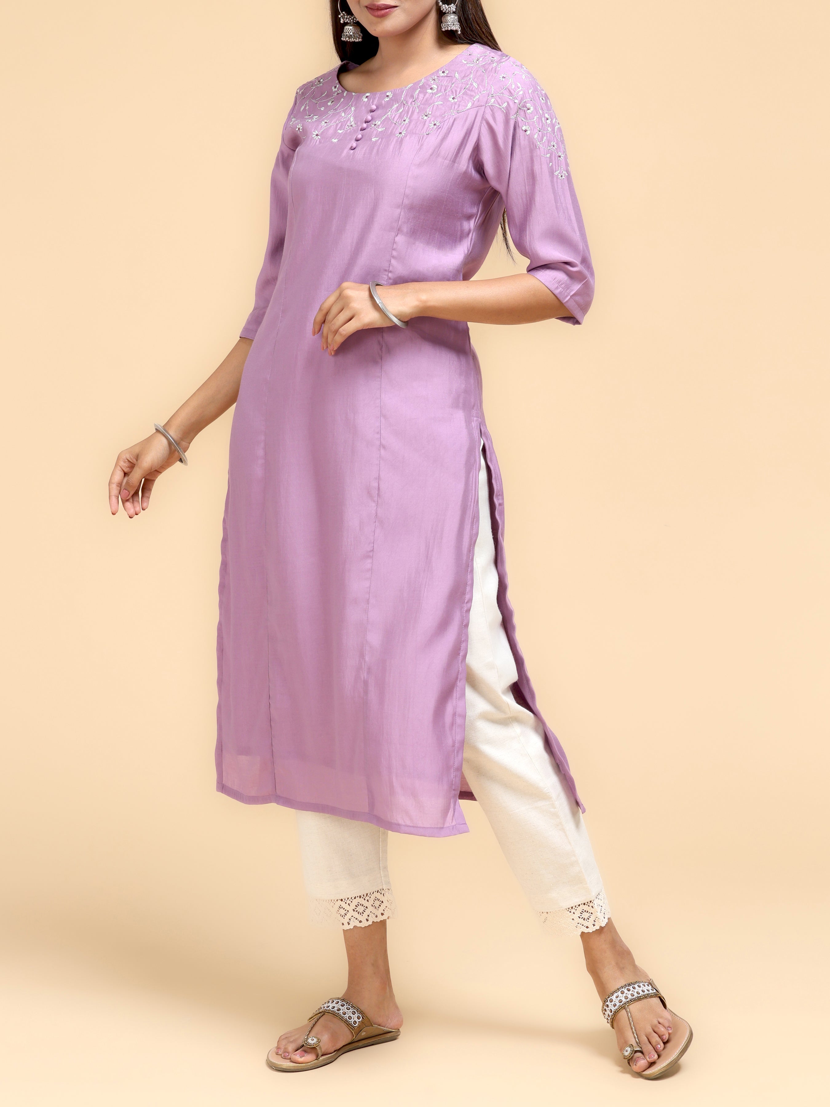 Light Purple Modal Chanderi Kurti With Embroidery And Hand Work