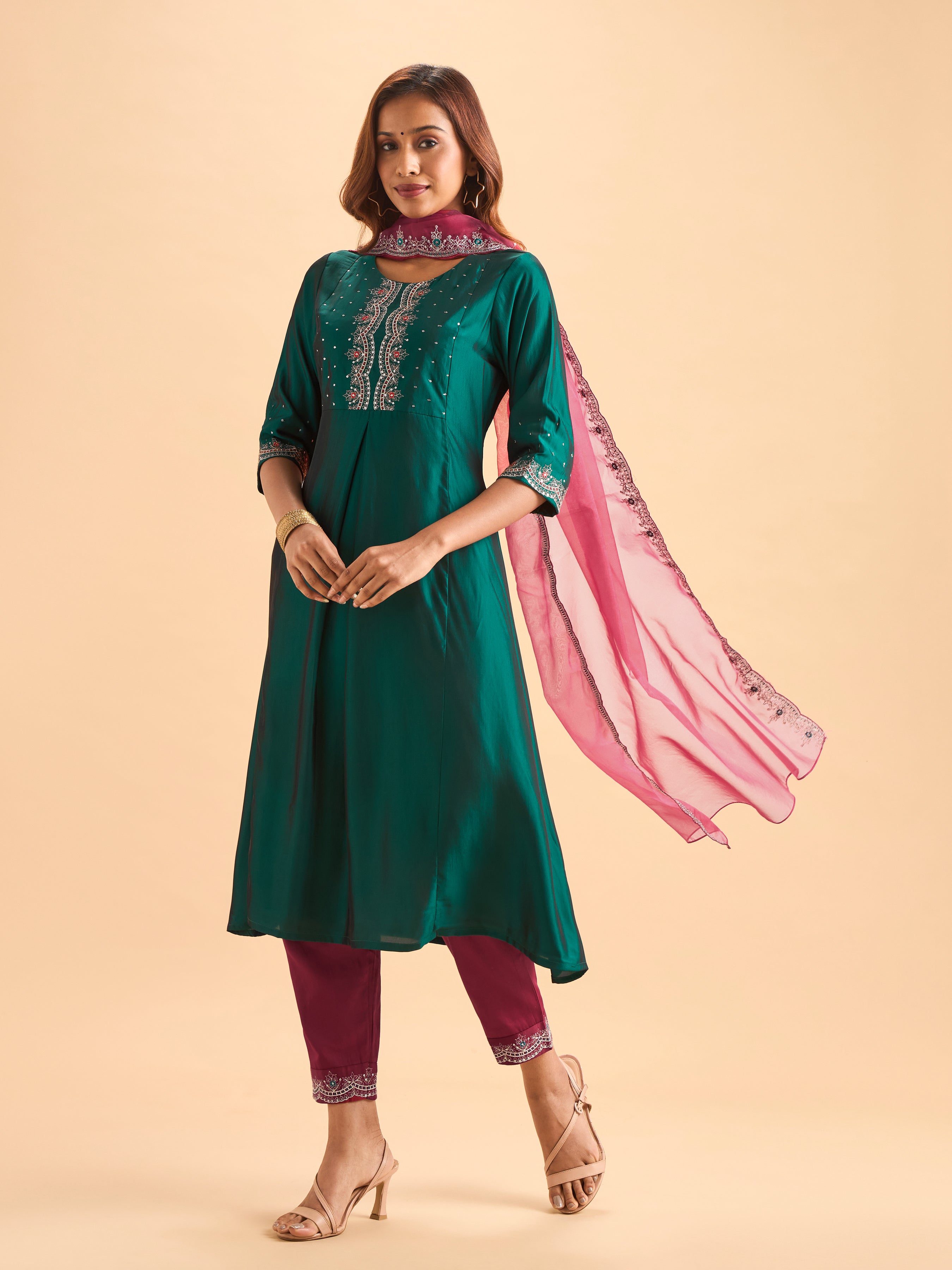 Teal Green Viscose Blend Kurti Set With Dupatta & Sequins Embroidery