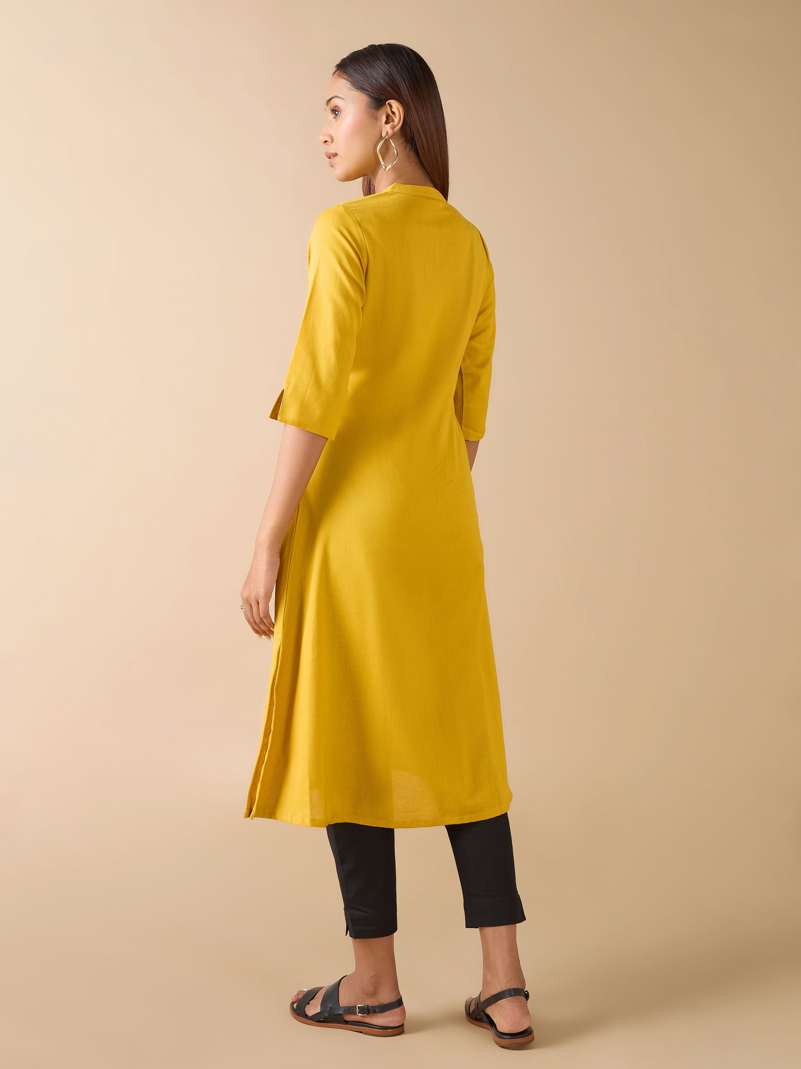 Mustard Yellow Cotton Flax Kurti With Embroidery