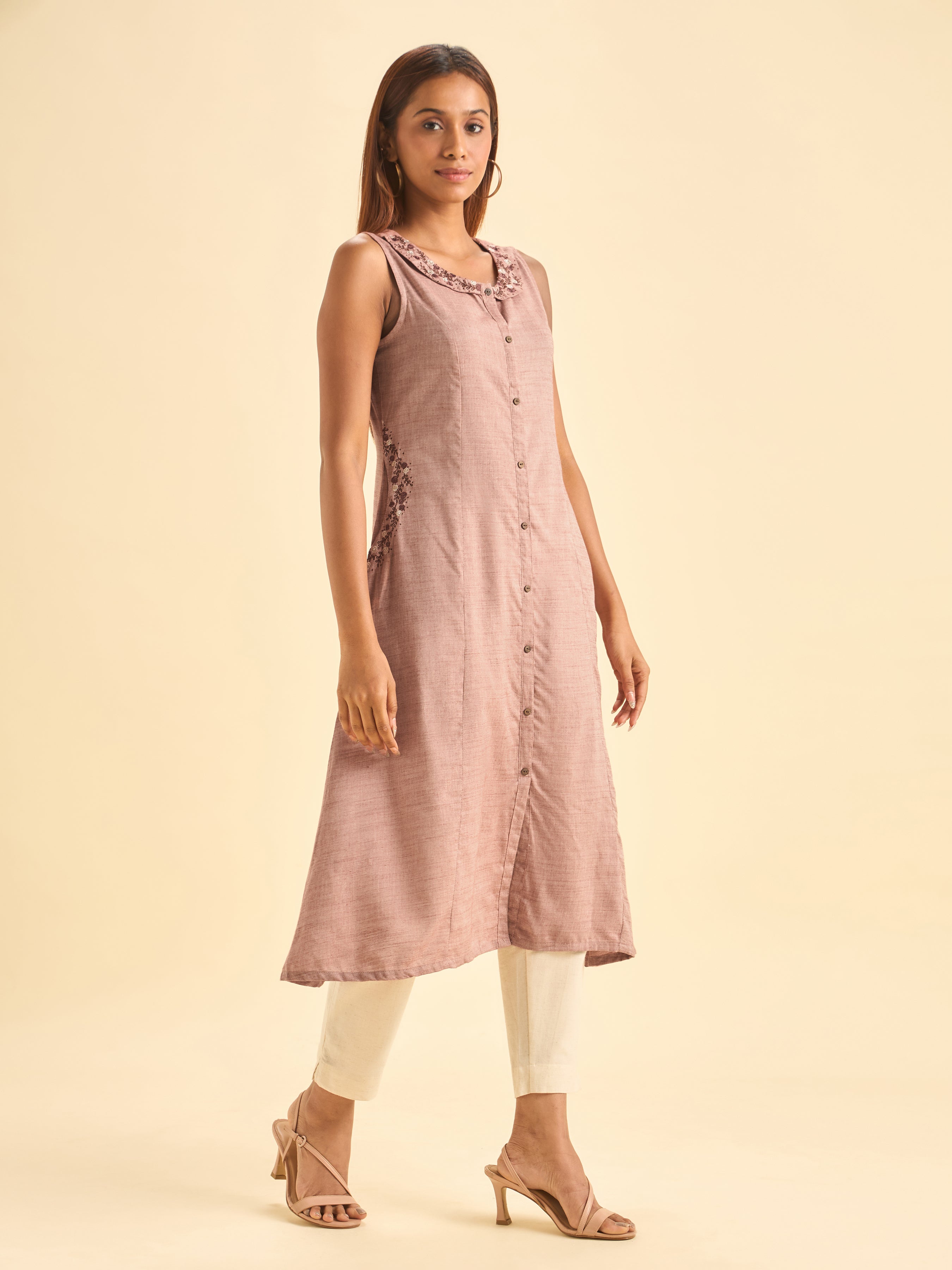 Onion Pink Cotton Viscose Kurti With Embroidery