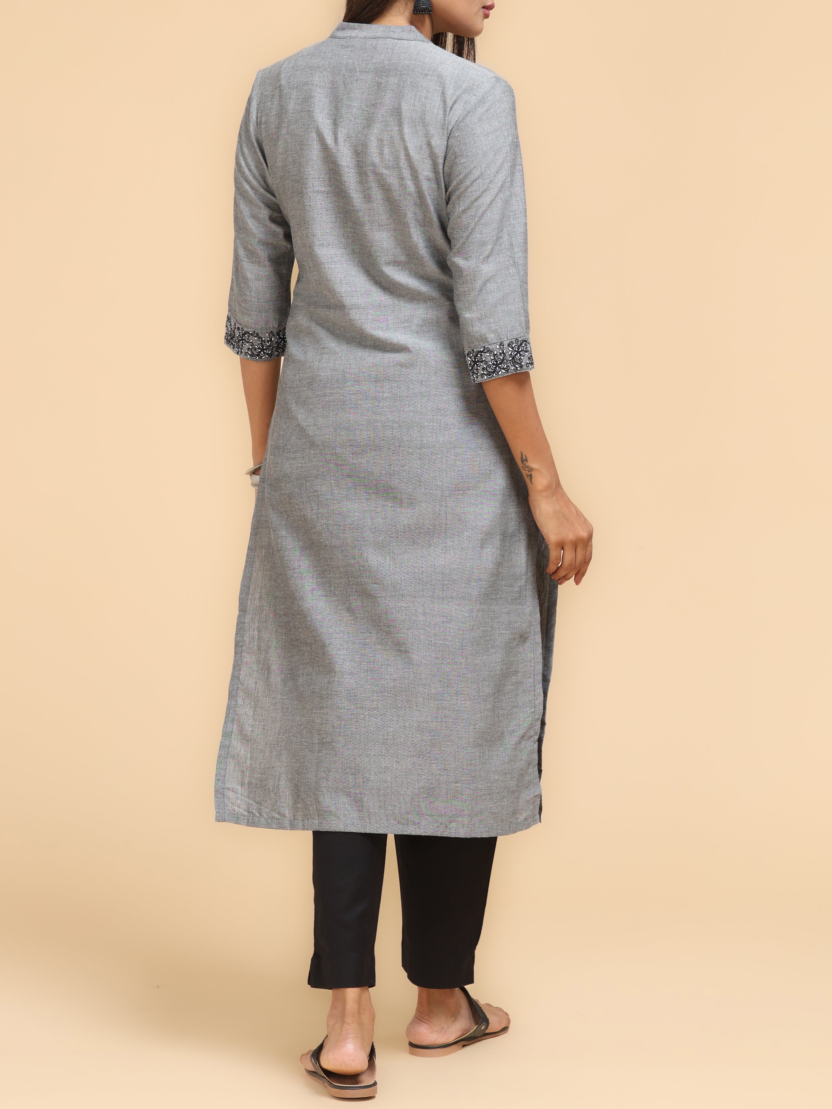 Grey Pure Cotton Kurti With Embroidery