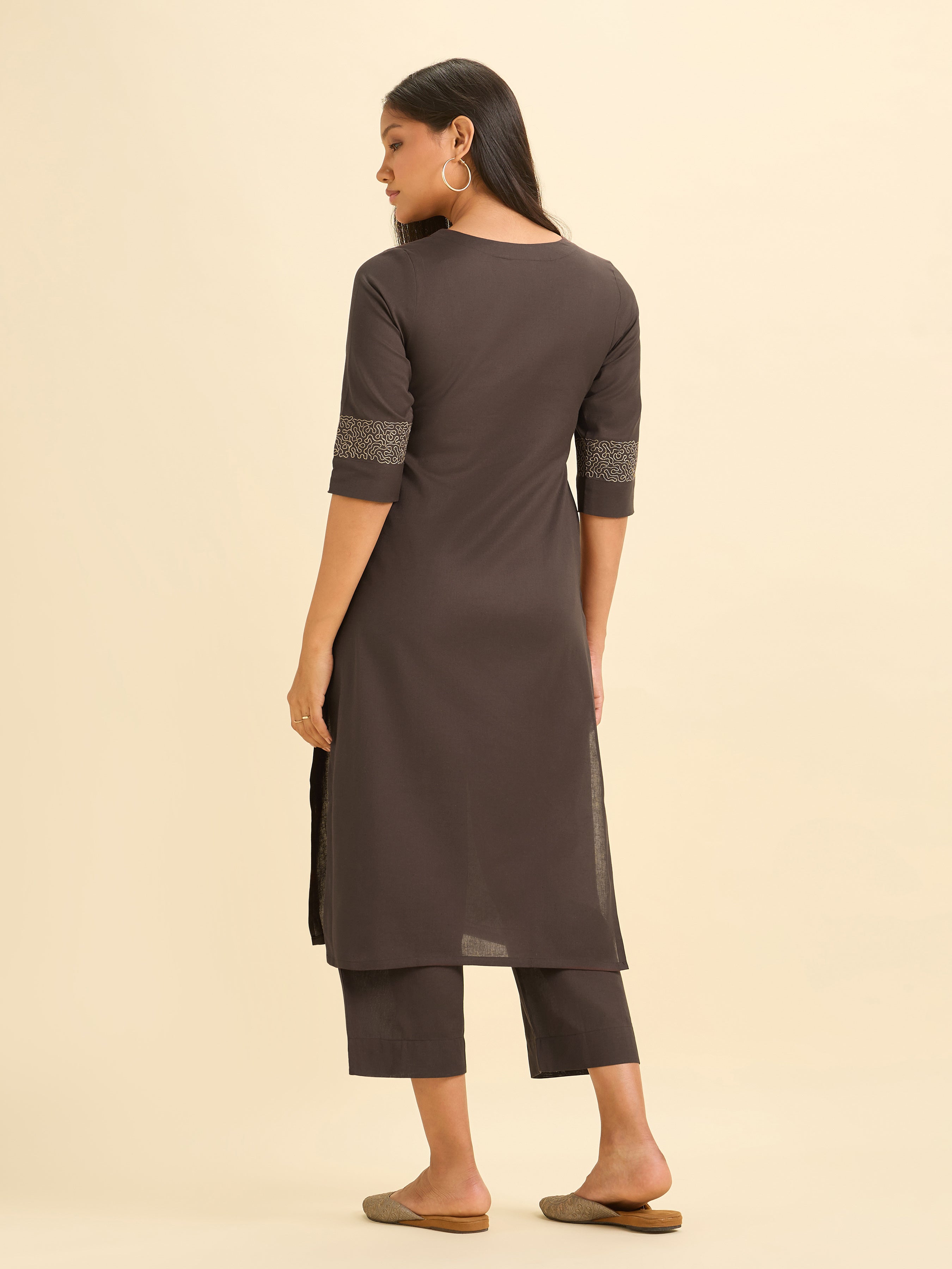 Coffee Brown Cotton Flax Slit Co-Ord  Set With Embroidery