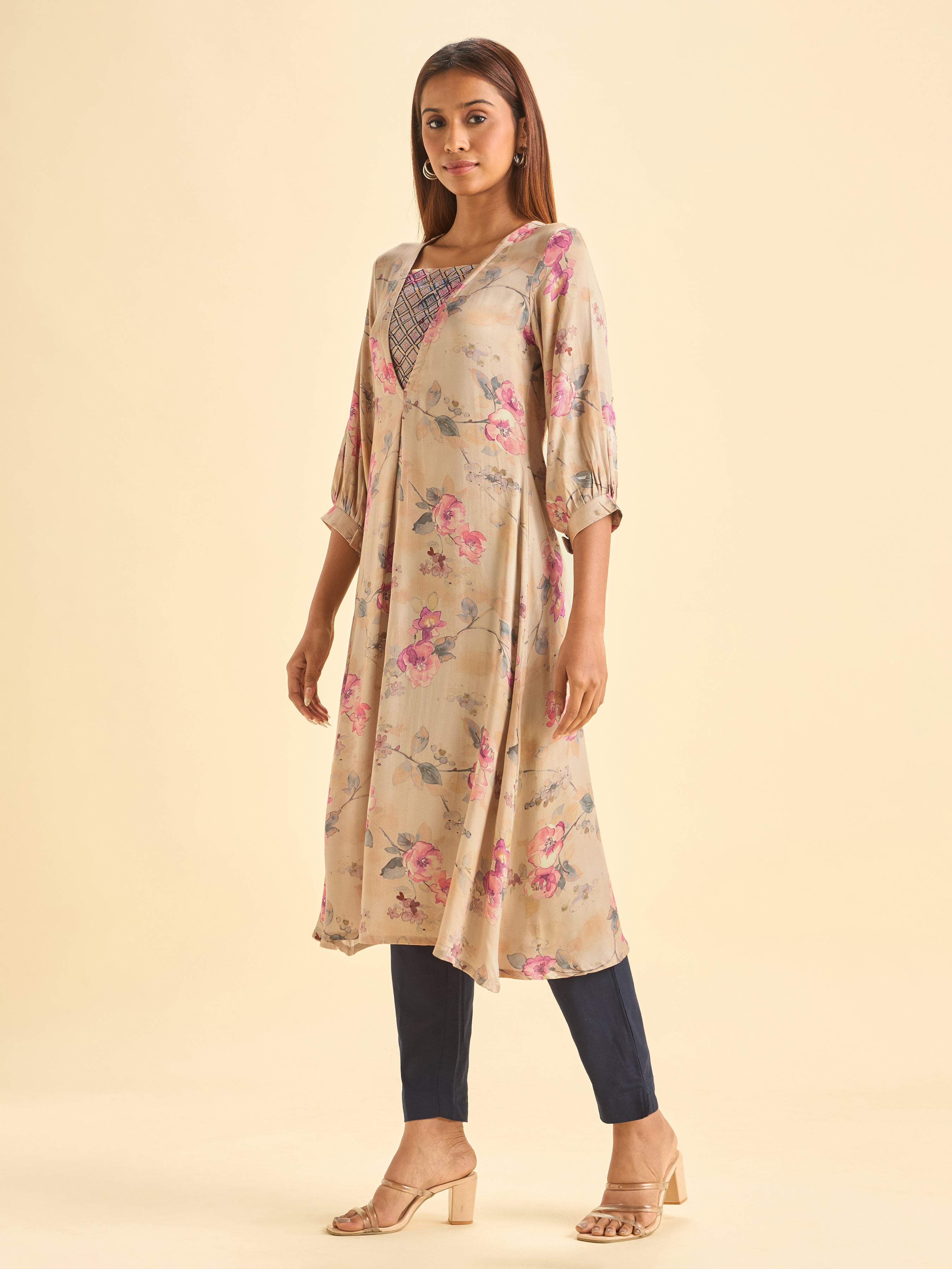 Beige Modal Satin Printed Flared Kurti