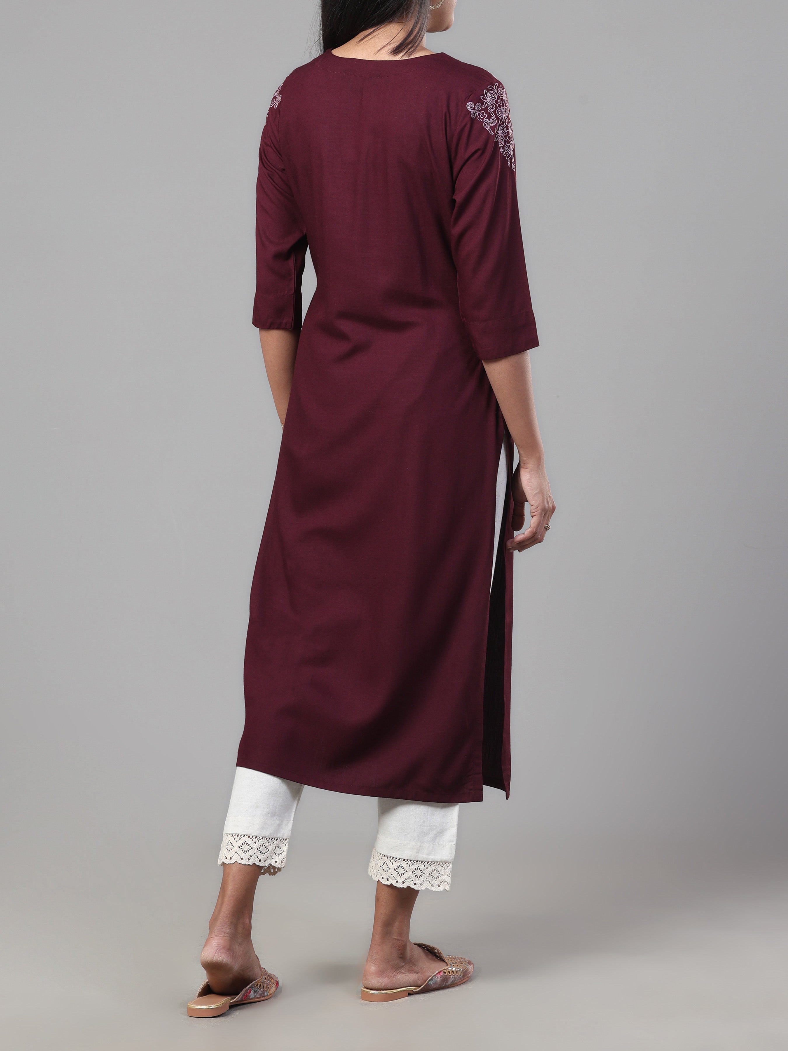 Women Wearing Wine Red Viscose Slub Kurti With Embroidery