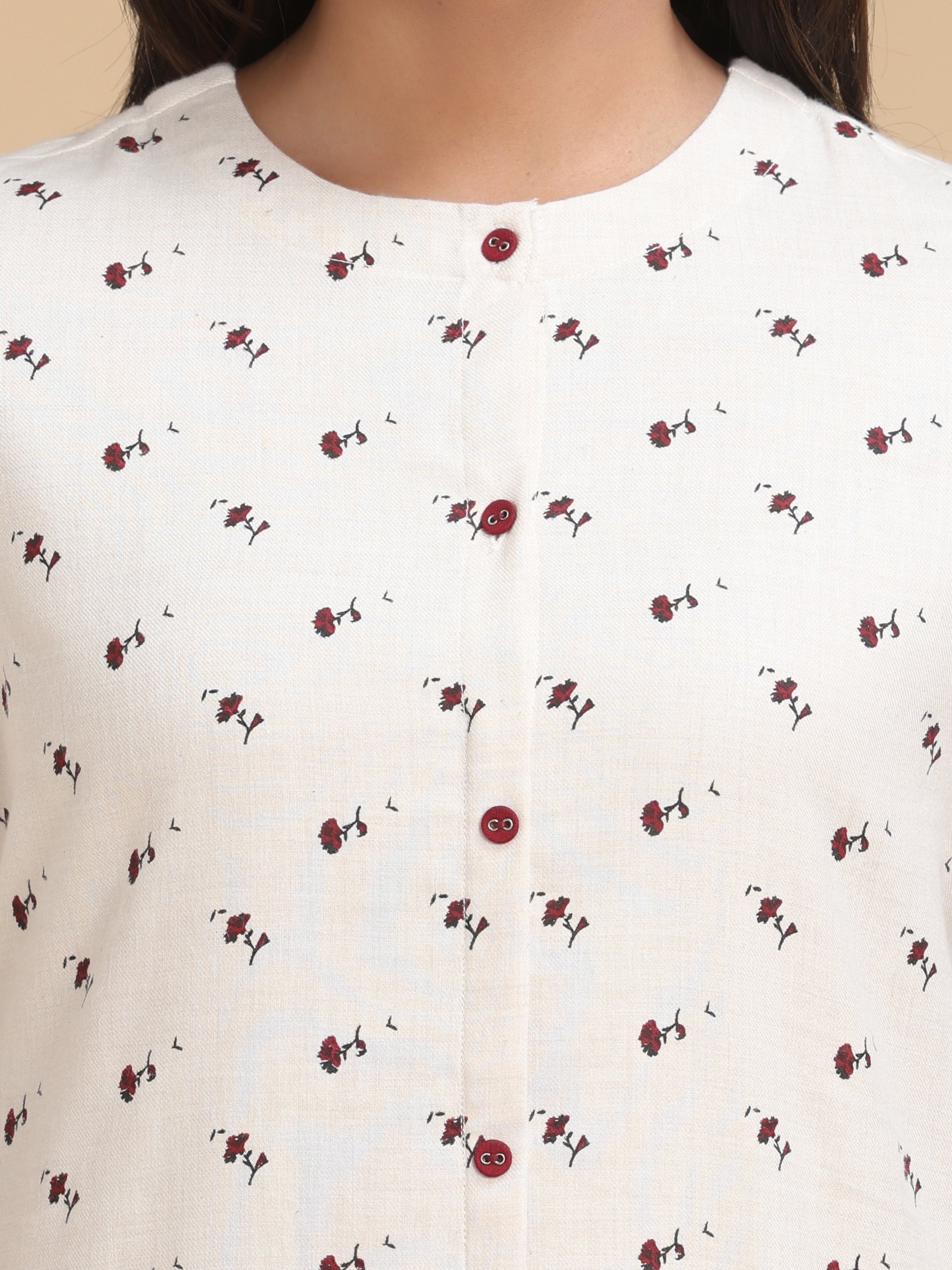 Ivory Double Cotton Kurti With Floral Print