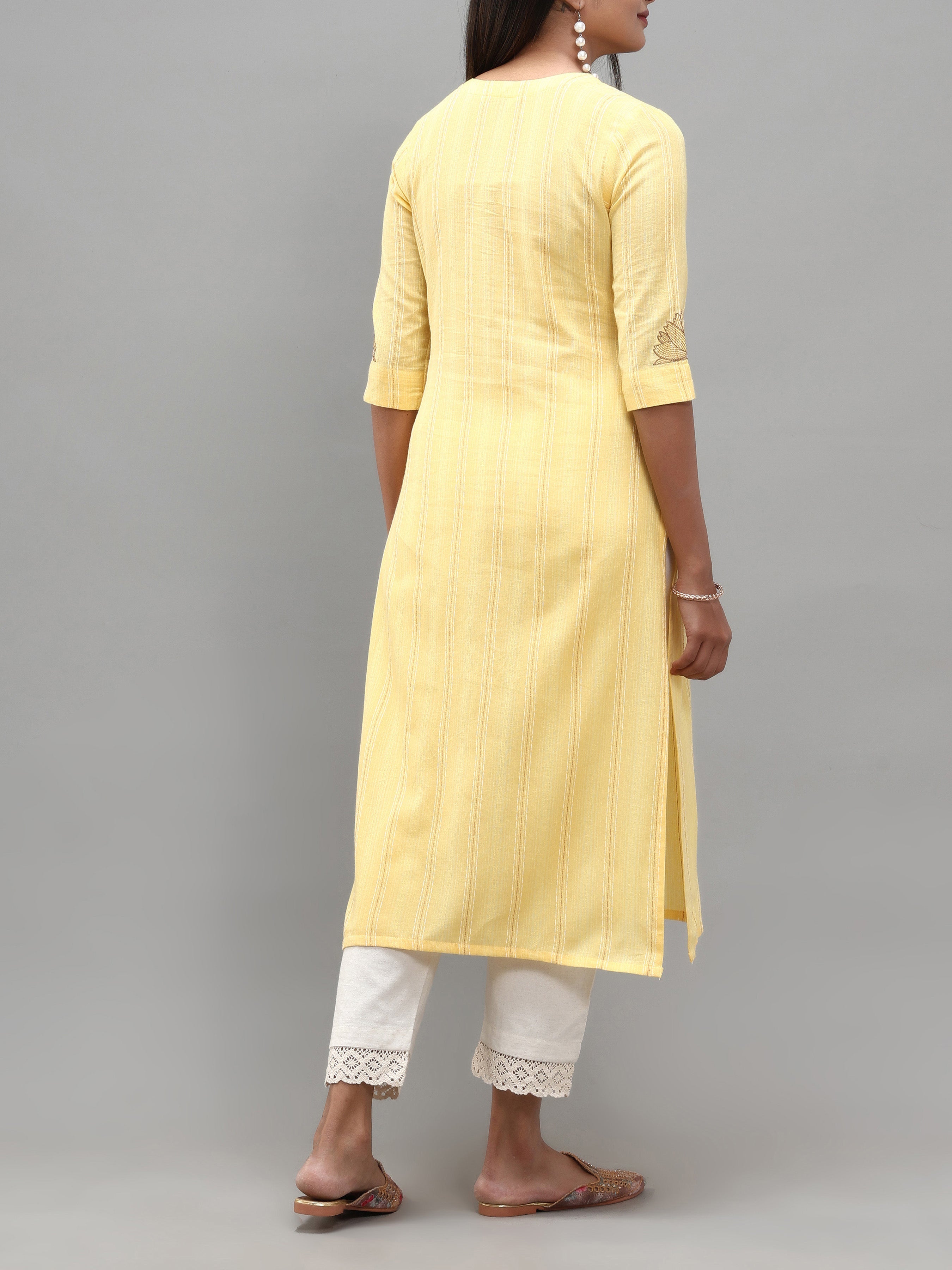 Pale Yellow Cotton Dobby Kurti With Embroidery