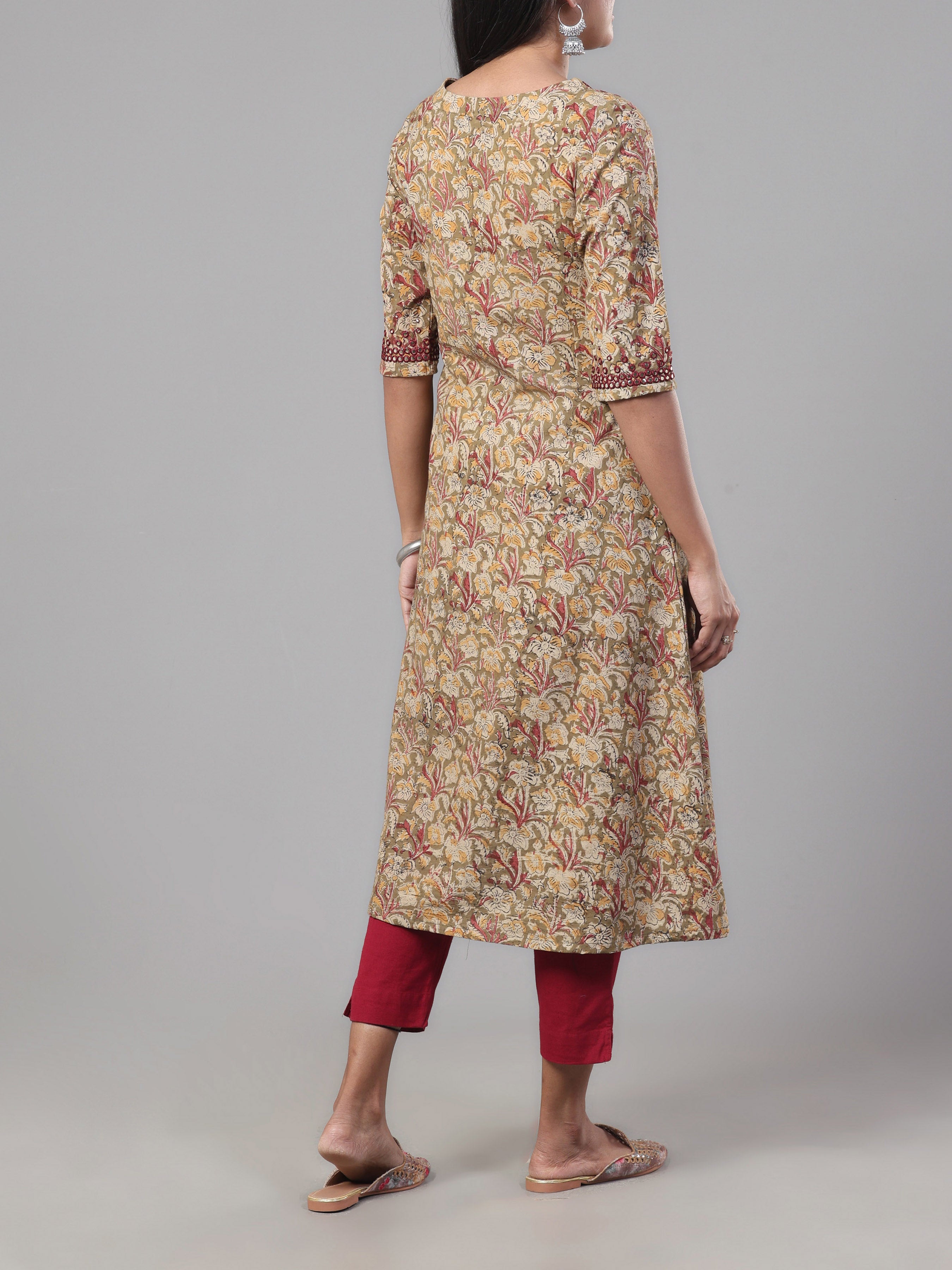 Olive Green Pure Cotton Printed Kurti With Mirror Work