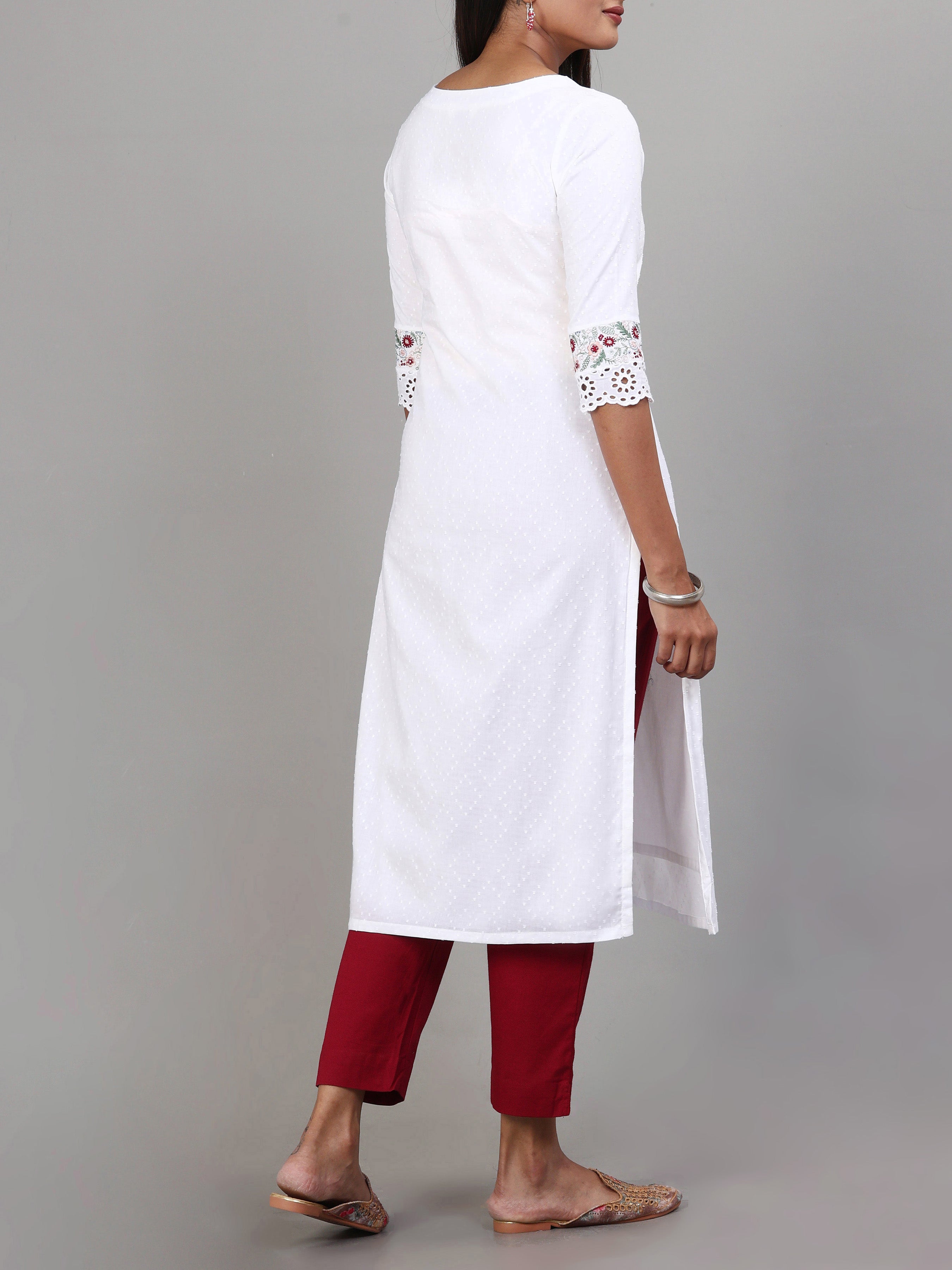 White Cotton Embroidery Kurti With Lace Detailing