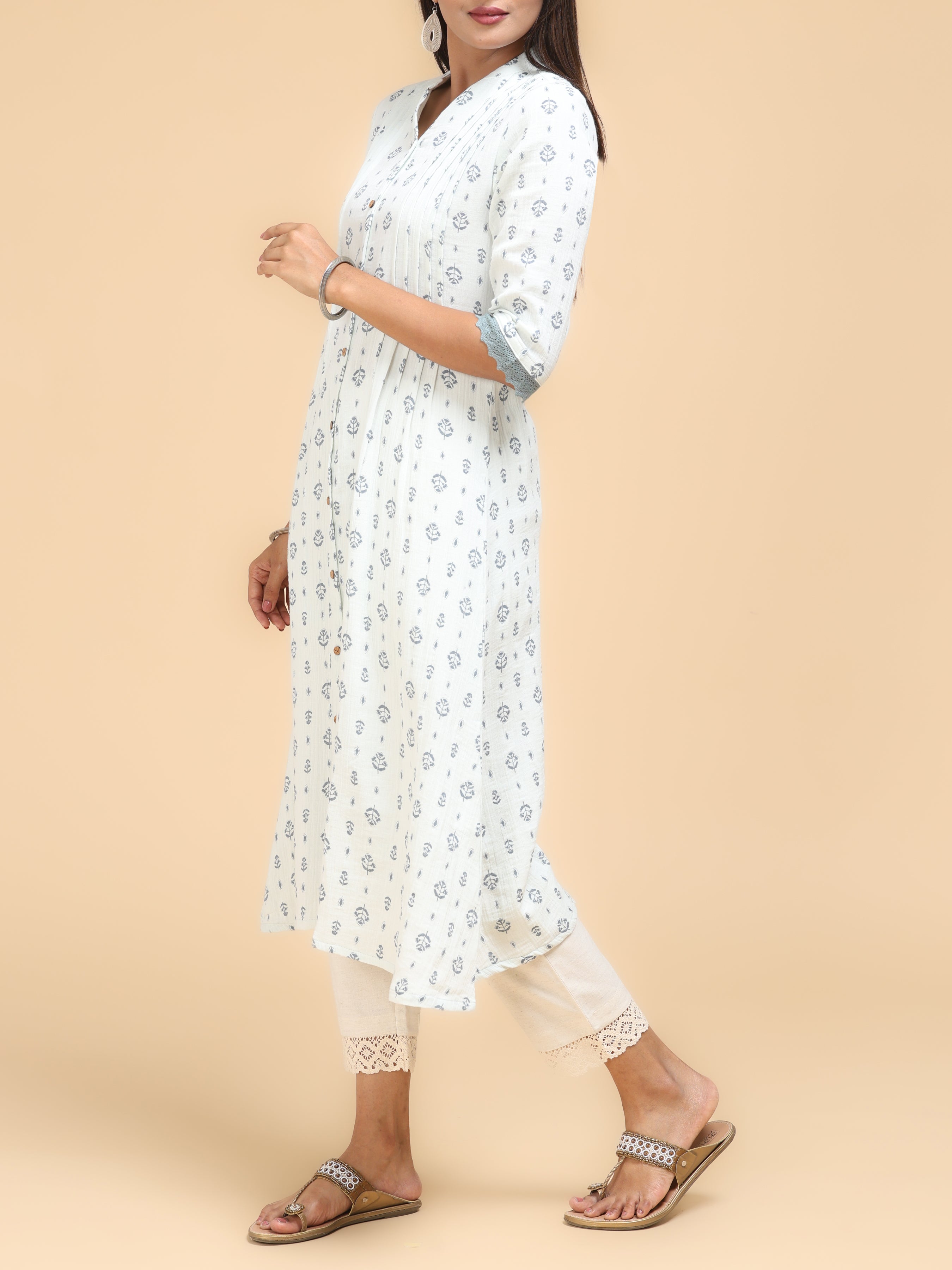 Off White Cotton Printed Kurti With Lace Detailing