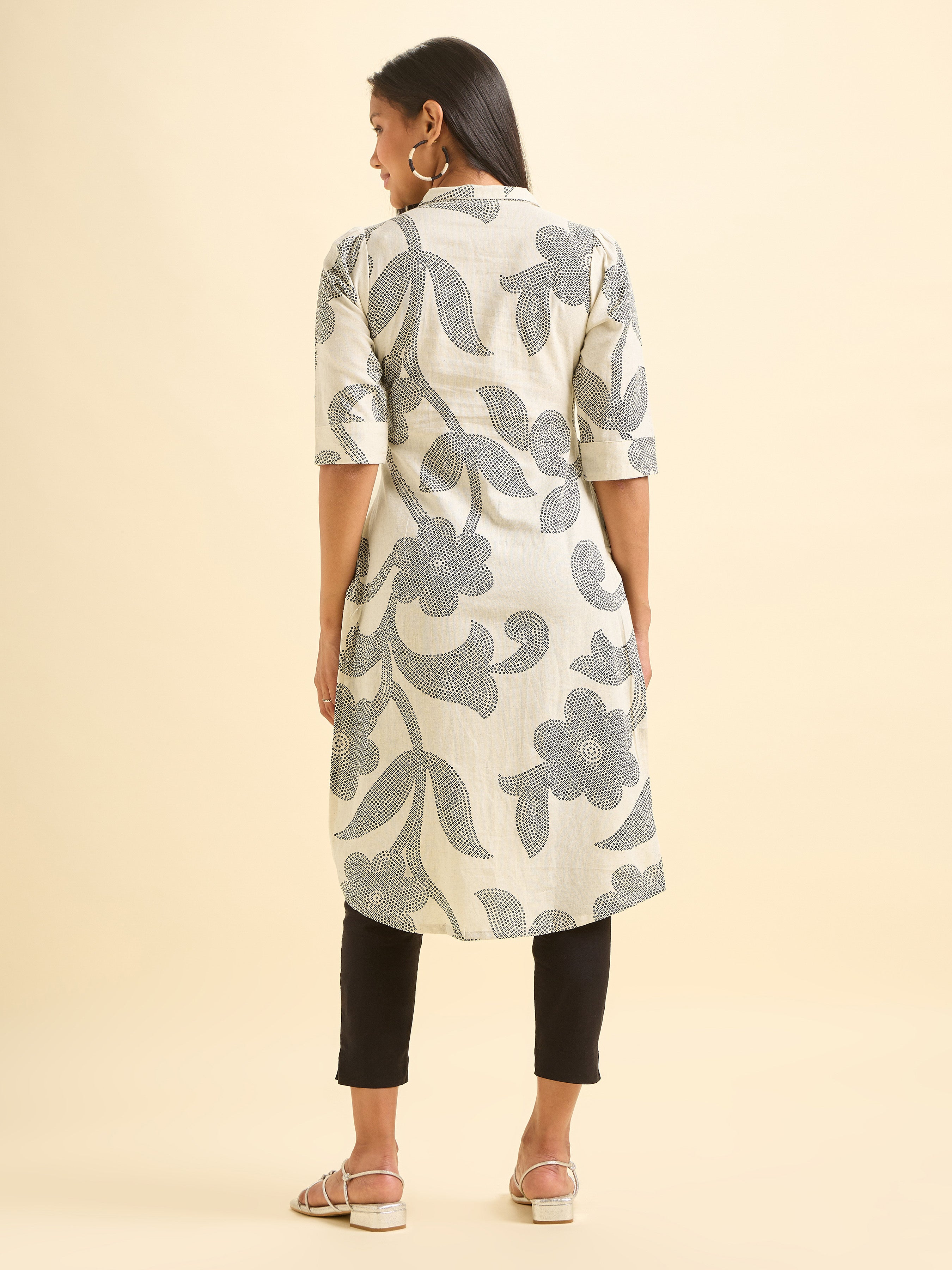 Ivory Cotton Flax Printed Kurti With Liberty Cut.