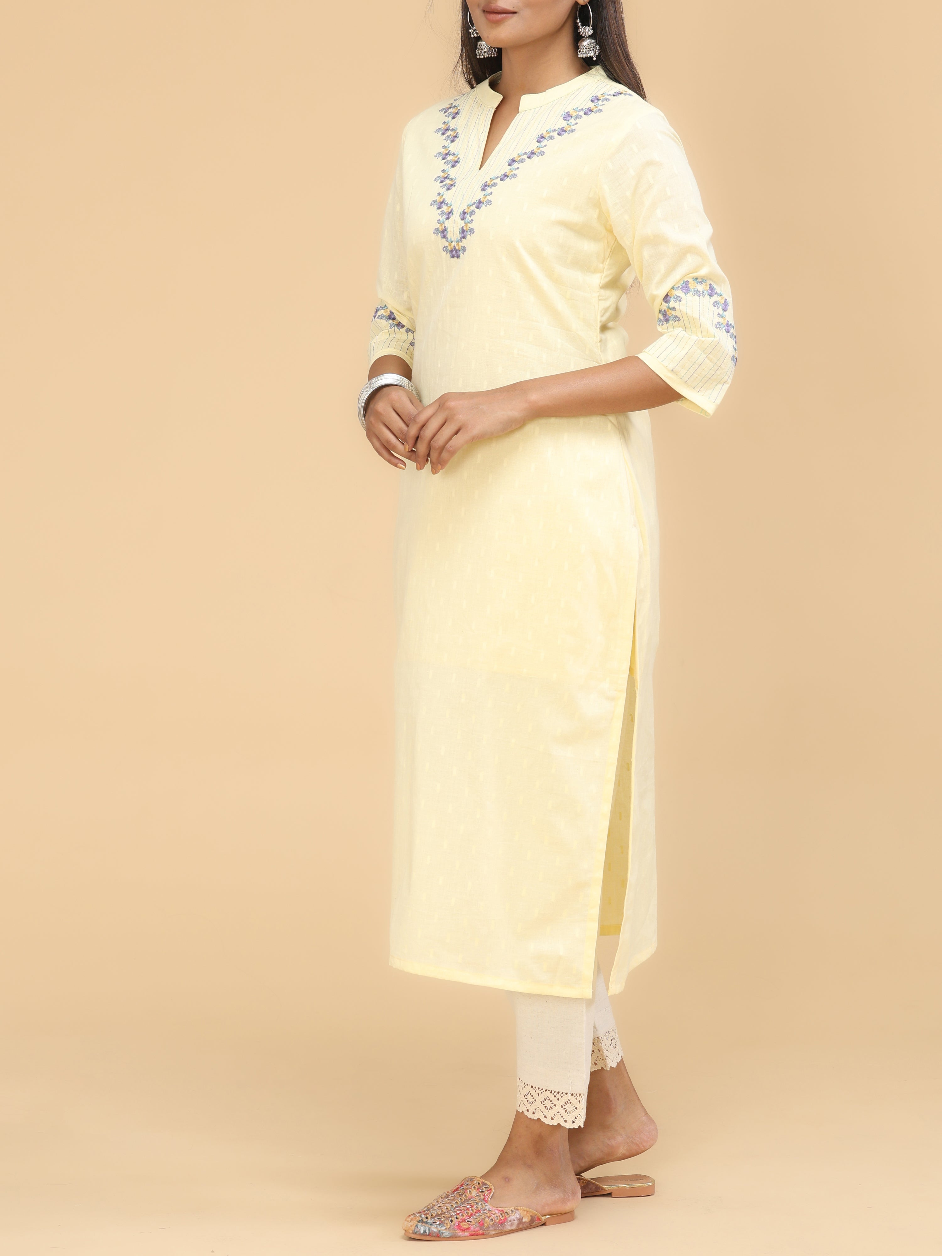 Pale Yellow Cotton Plain Kurti With Embroidery