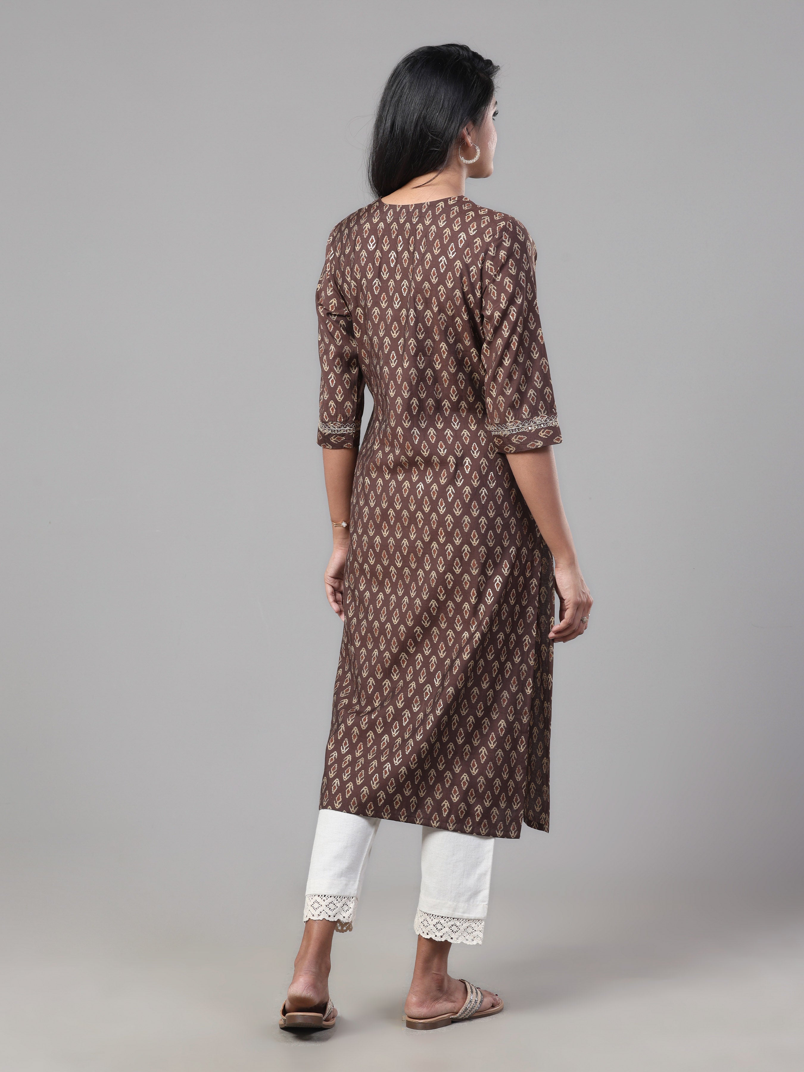 Coffee Brown Modal Chanderi Printed Kurti With Embroidery