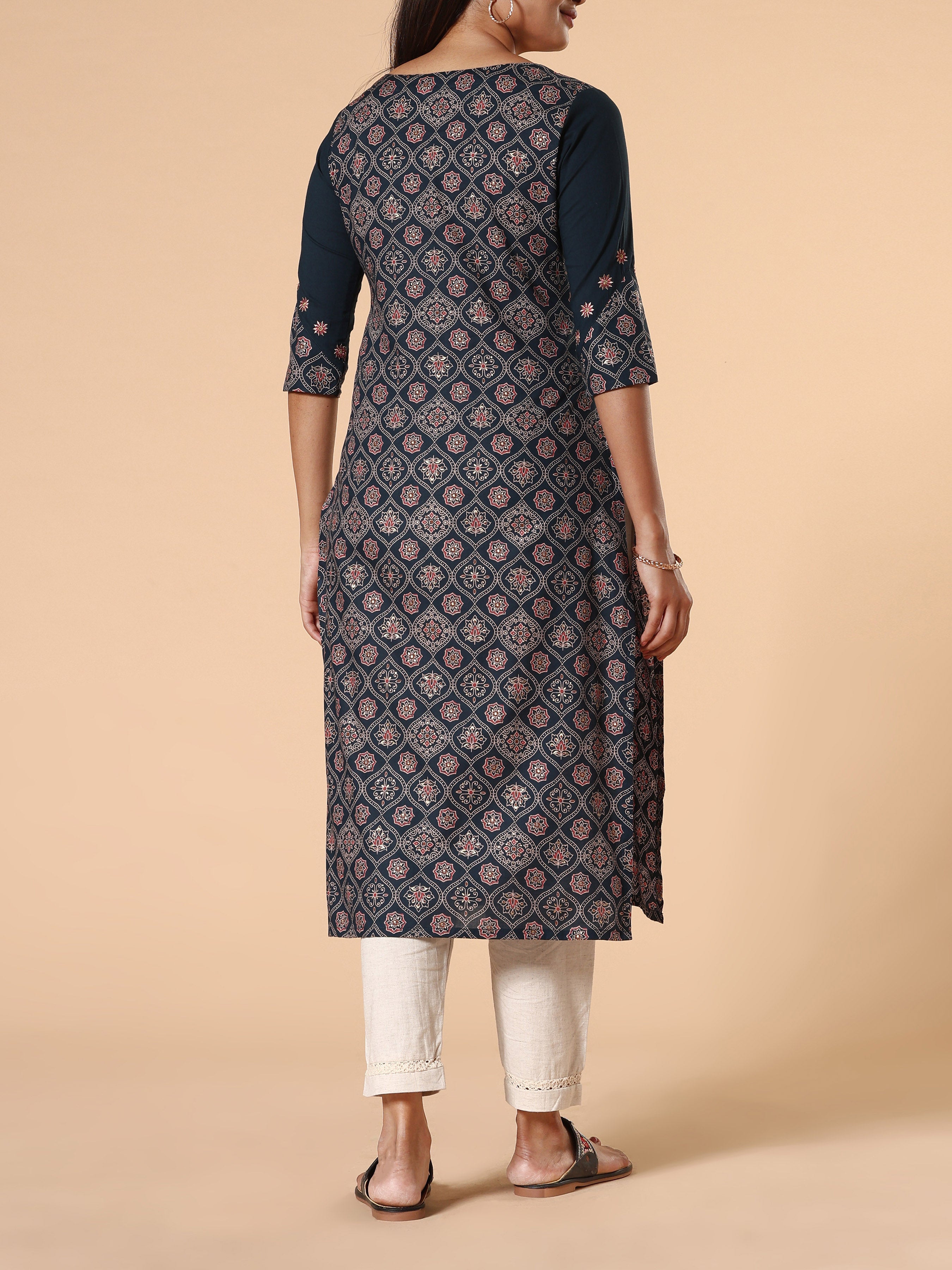 Navy Blue Cotton Dobby Printed Kurti With Embroidery