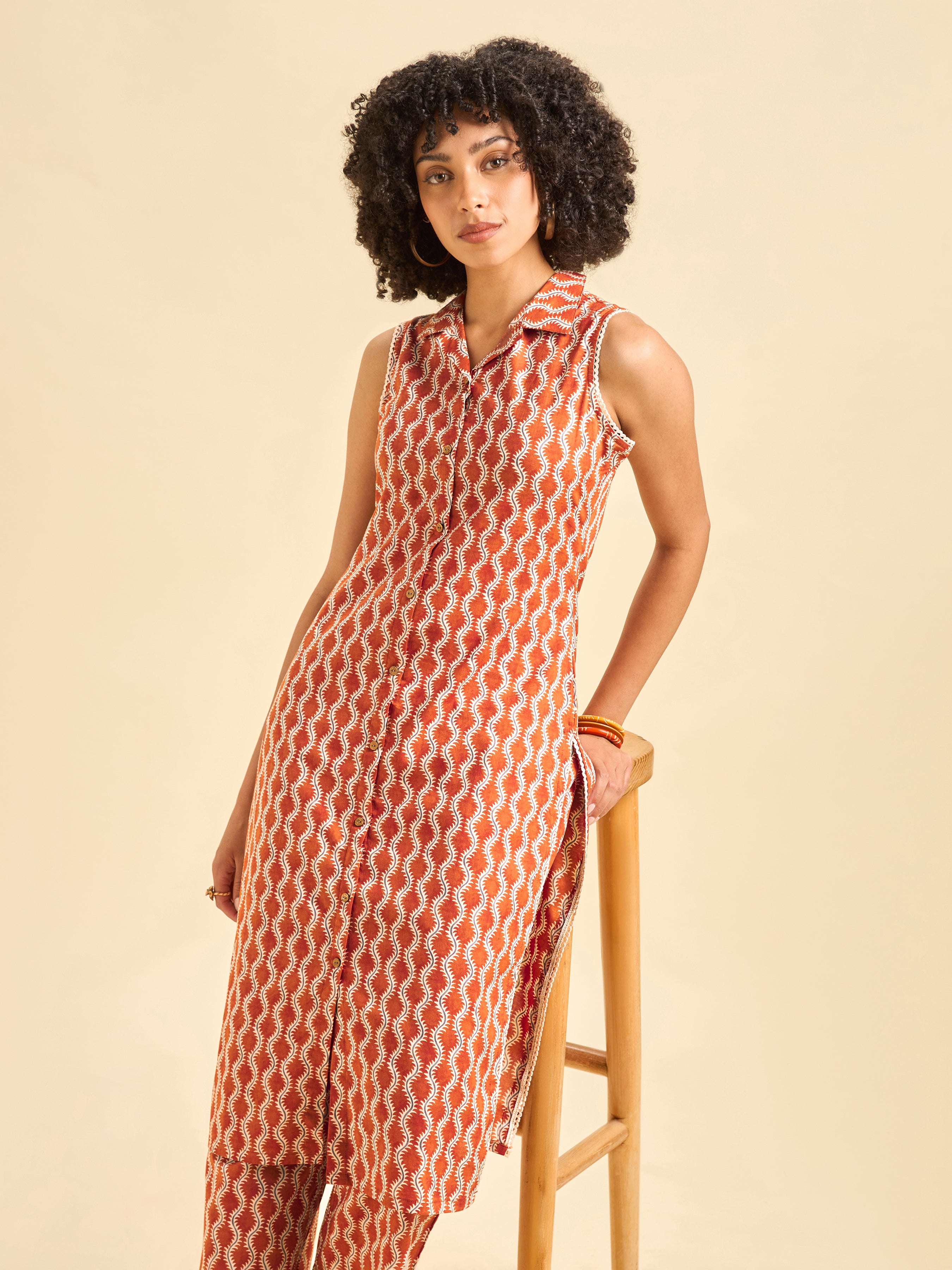 Rust Orange Cotton Printed Co-Ord Set With Lace