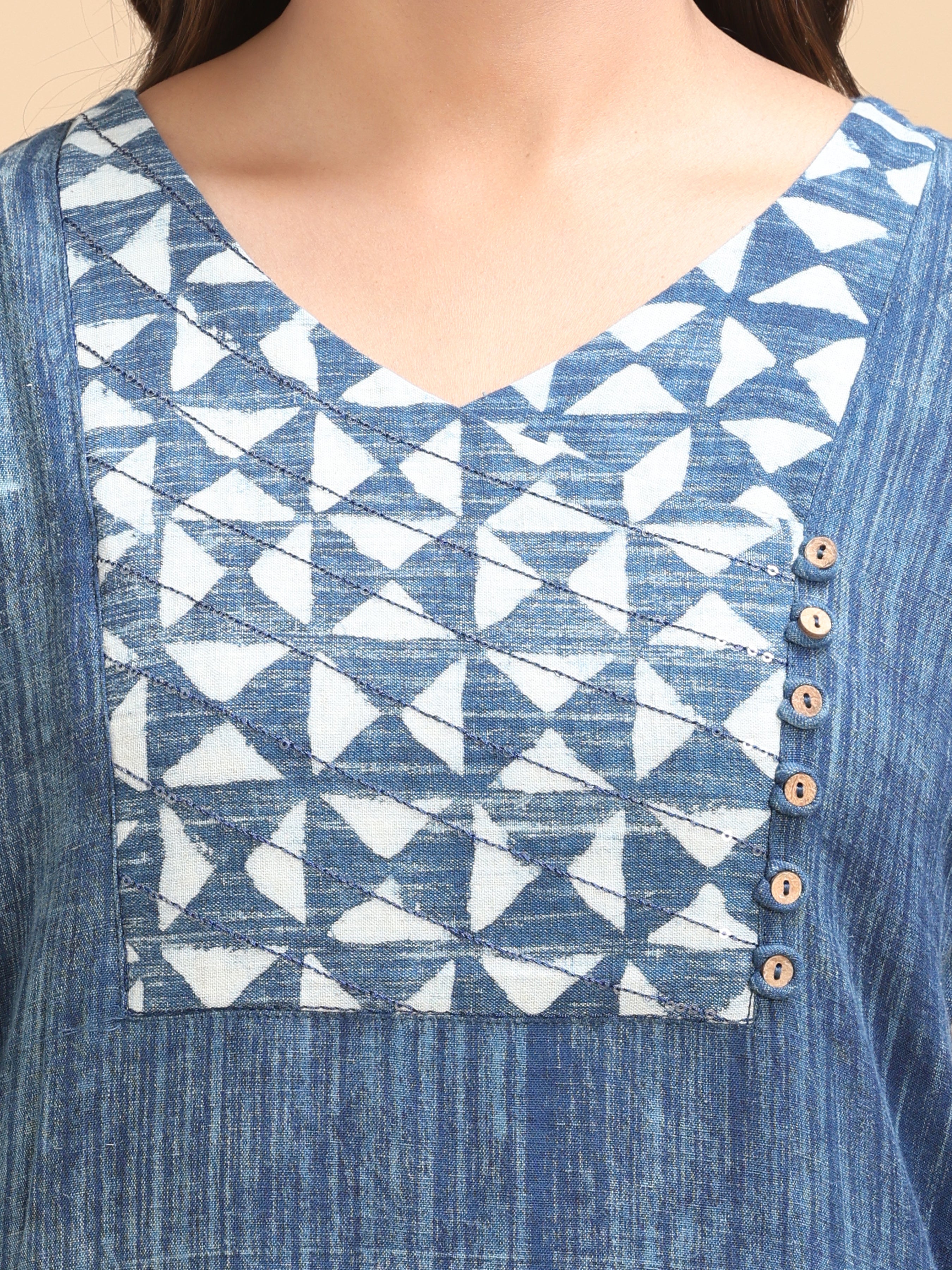 Blue Cotton Flax Kurti With Sequins Work