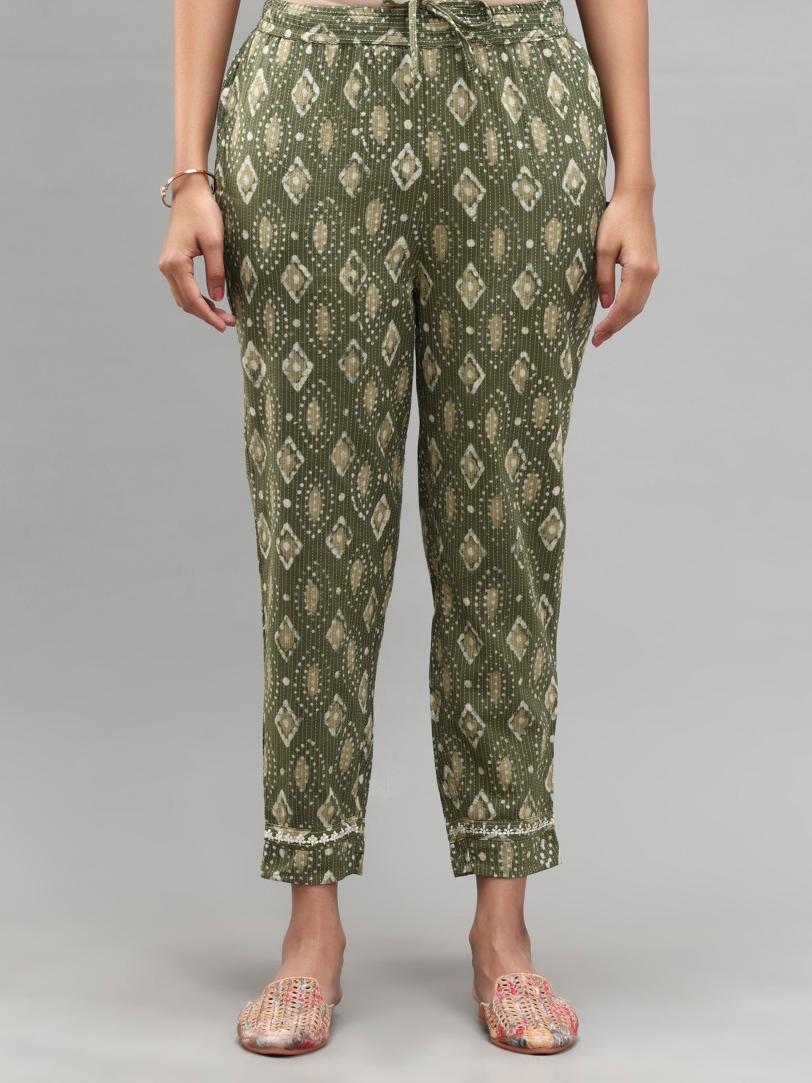 Olive Green Pure Cotton Printed Kurti With Embroidery And Matching Bottom
