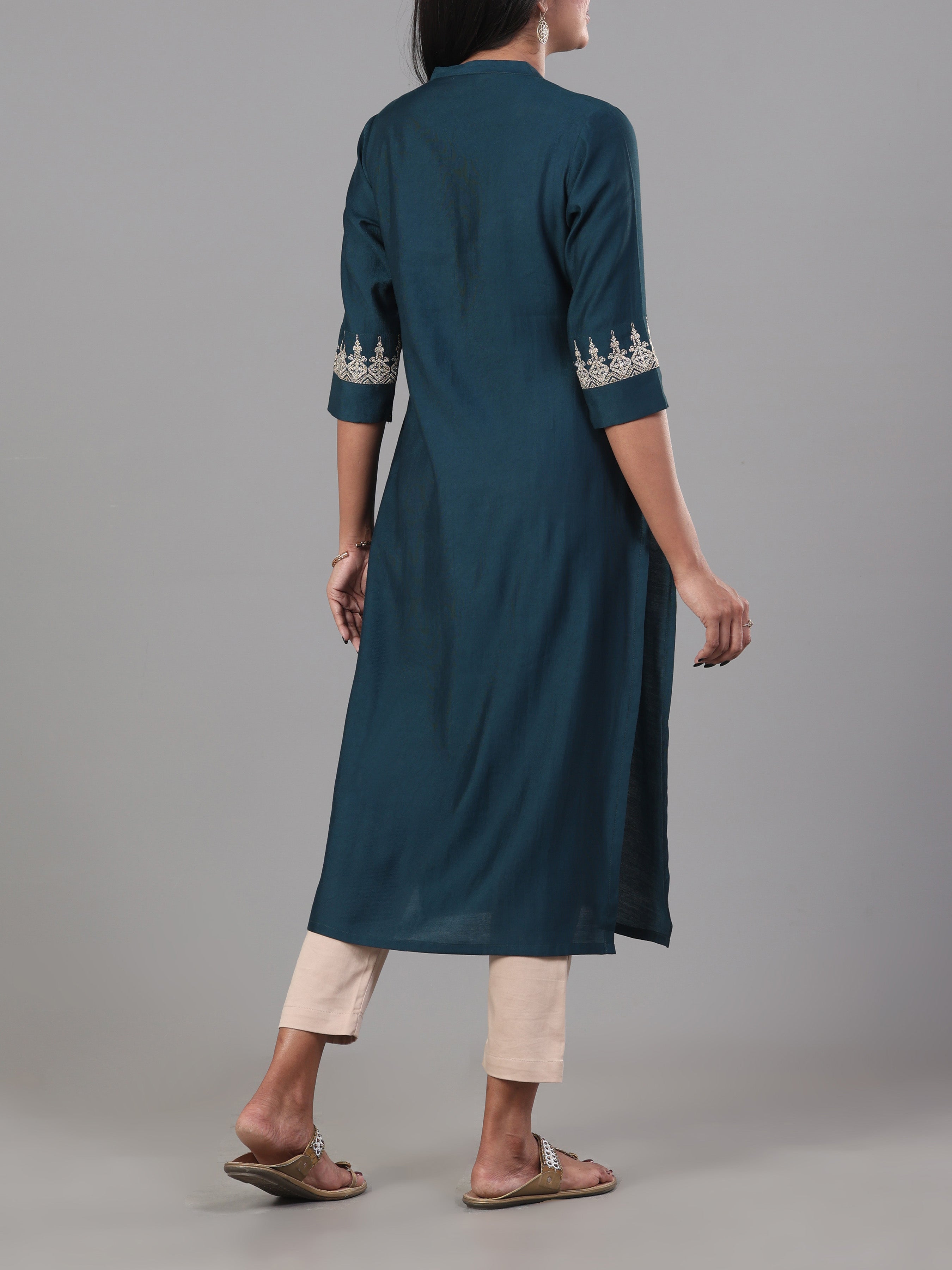Teal Blue Denting Viscose Kurti With Embroidery And Sequins Work