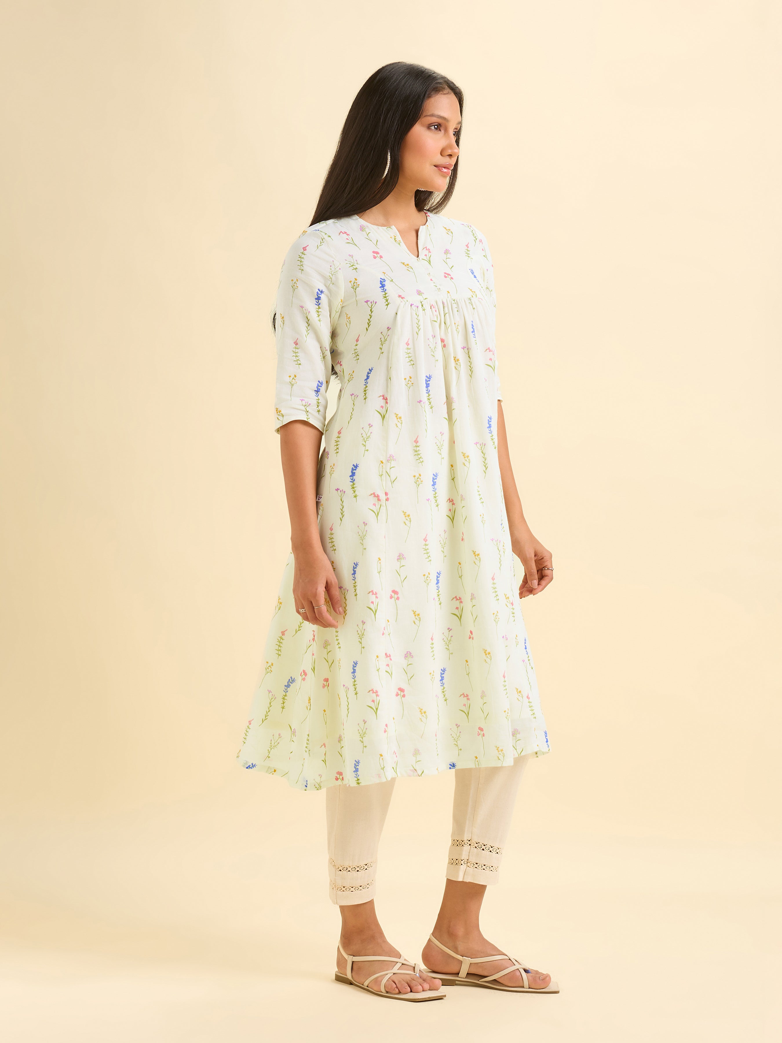 Ivory Pure Cotton Printed Flared Kurti.