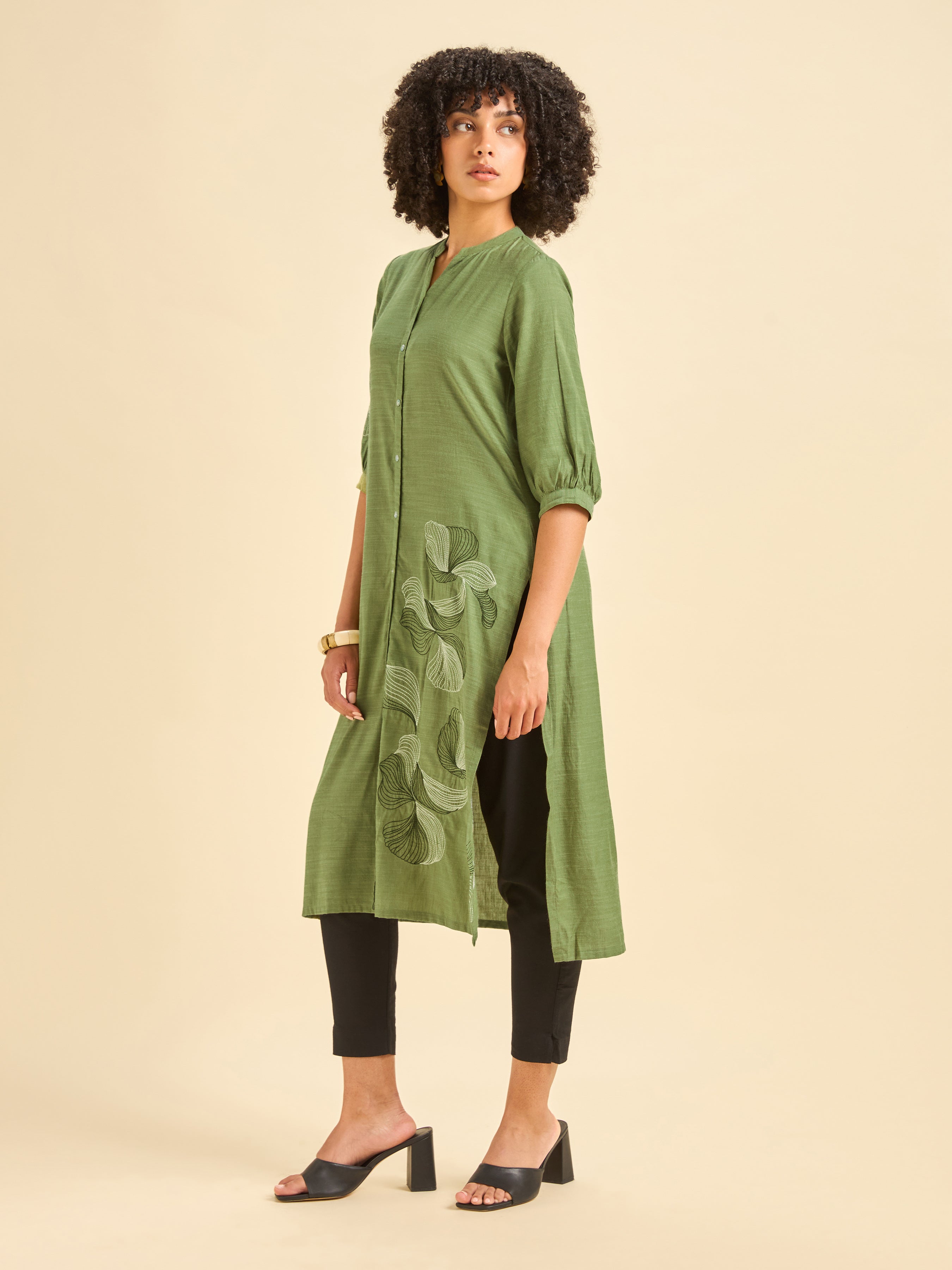Mint Green Cotton Viscose Kurti With Embroidery
