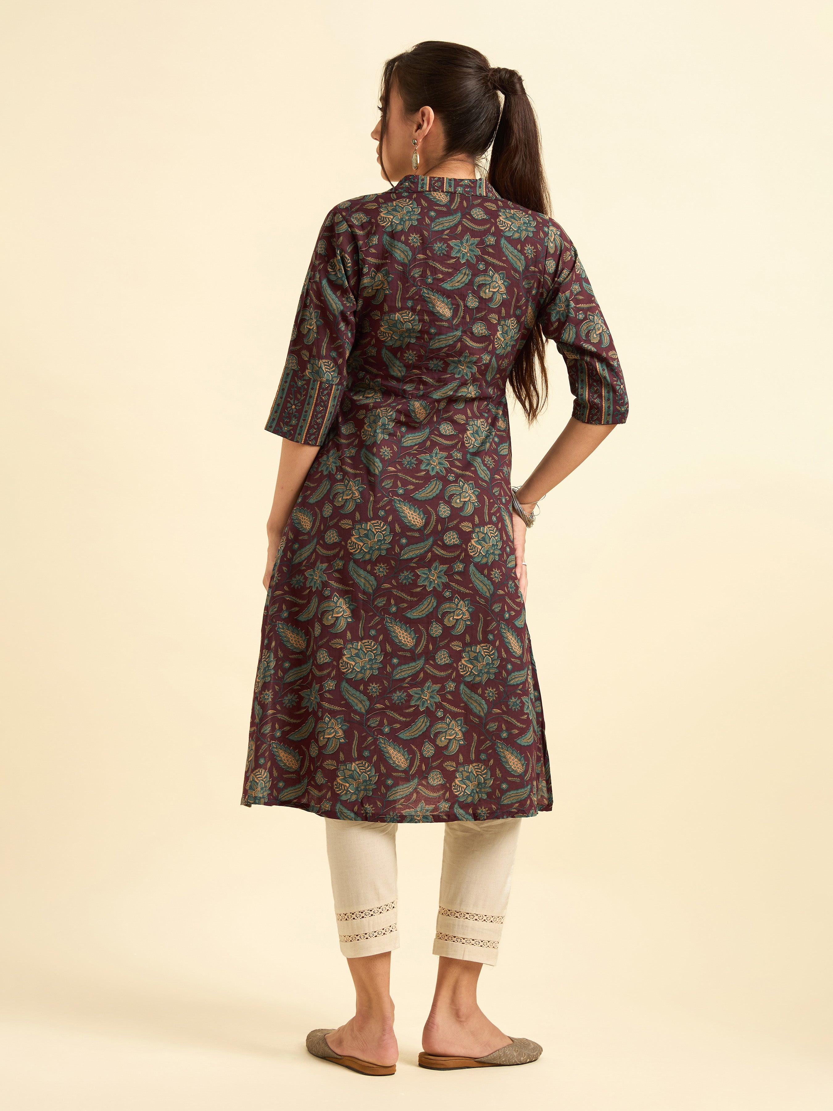Maroon Multicolour Pure Cotton Flared Printed Kurti With Centre Panel Cut