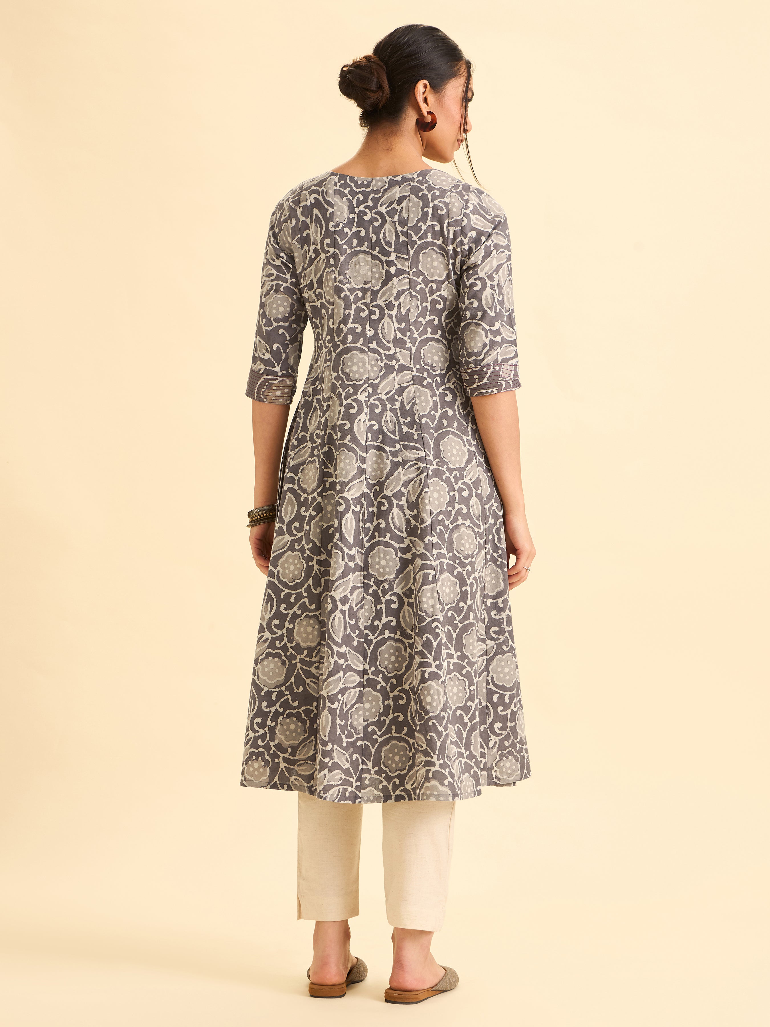 Gray And Ivory Pure Cotton Printed Flared Kalicut kurti With Embroidery And Sequins Work