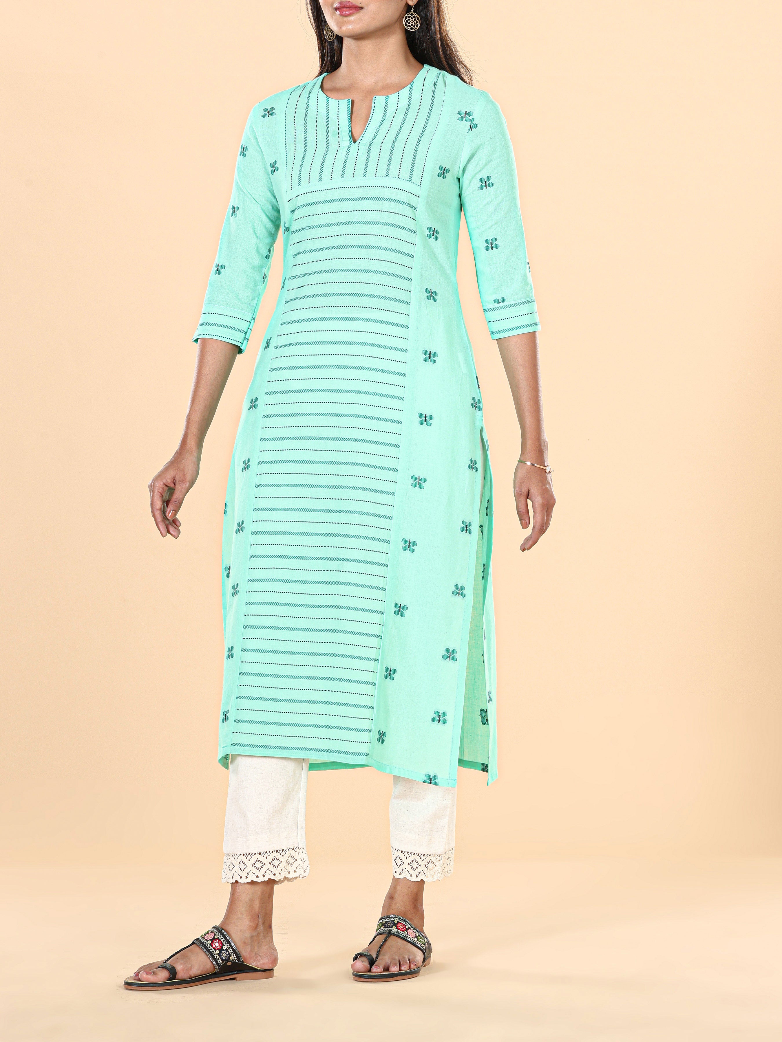 Pista Green Cotton Dobby Kurti With Print