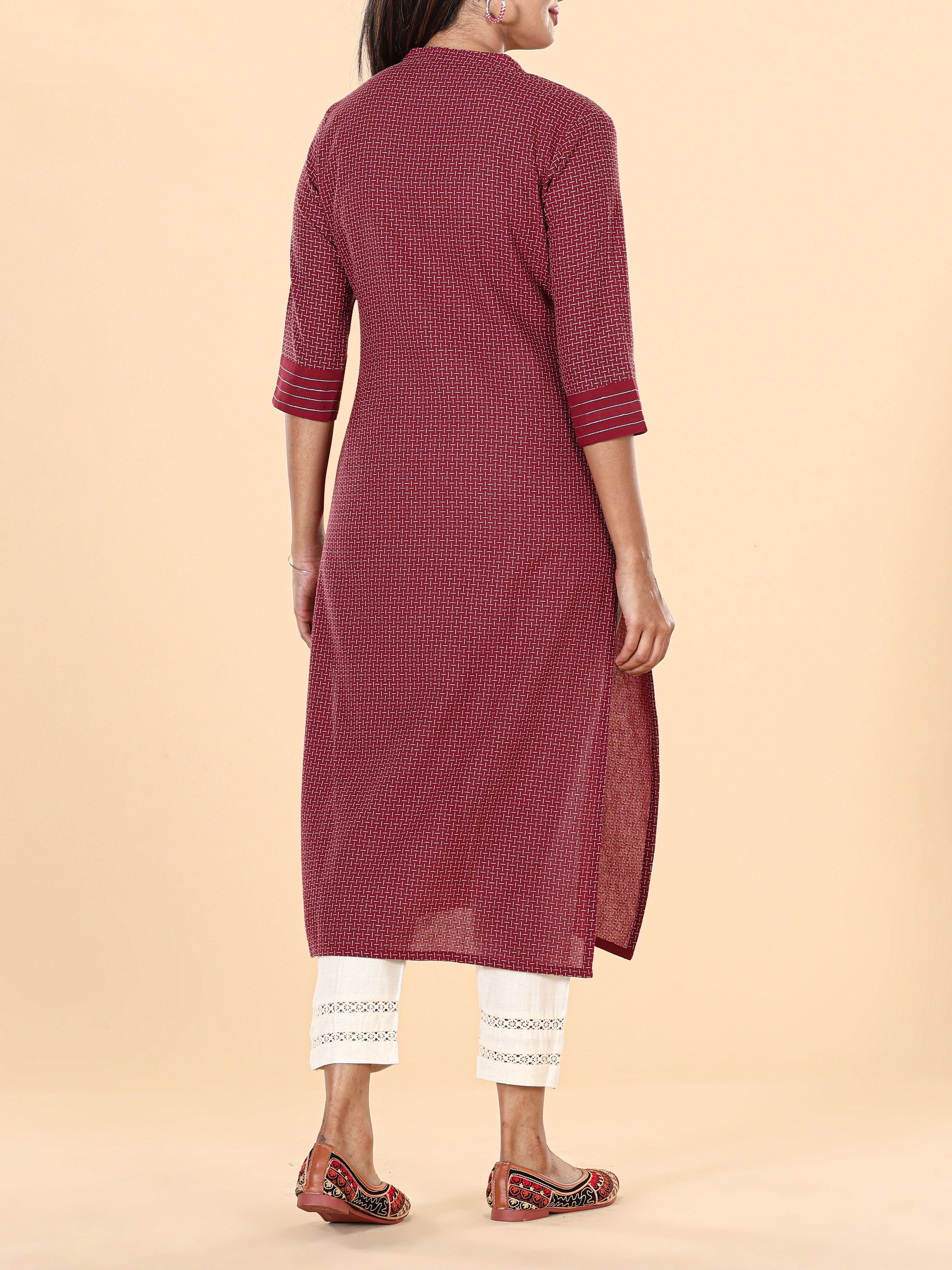 Maroon Cotton Dobby Kurti With Embroidery